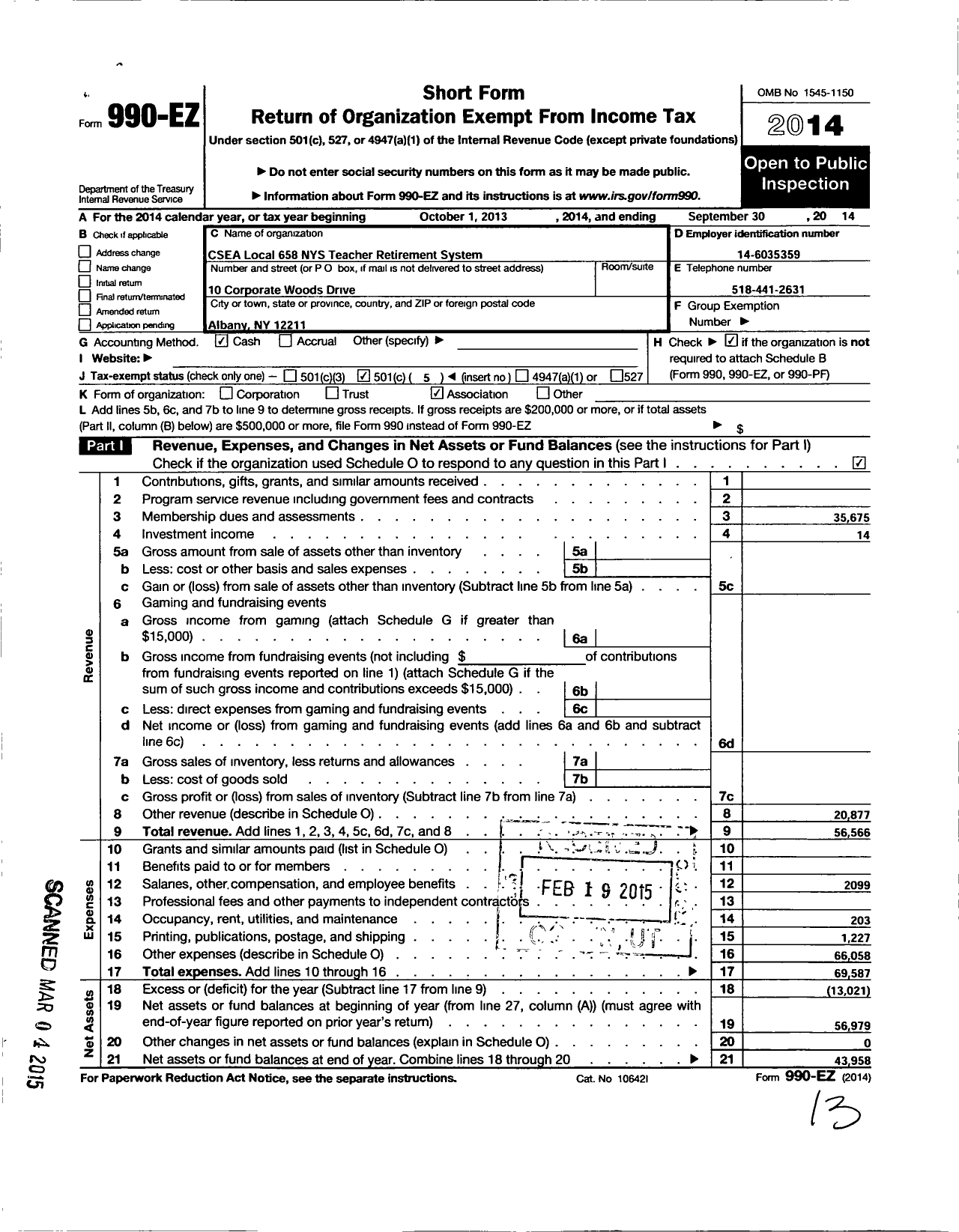 Image of first page of 2013 Form 990EO for Civil Service Employees Association - 0658 Nys Teachers Retirement System