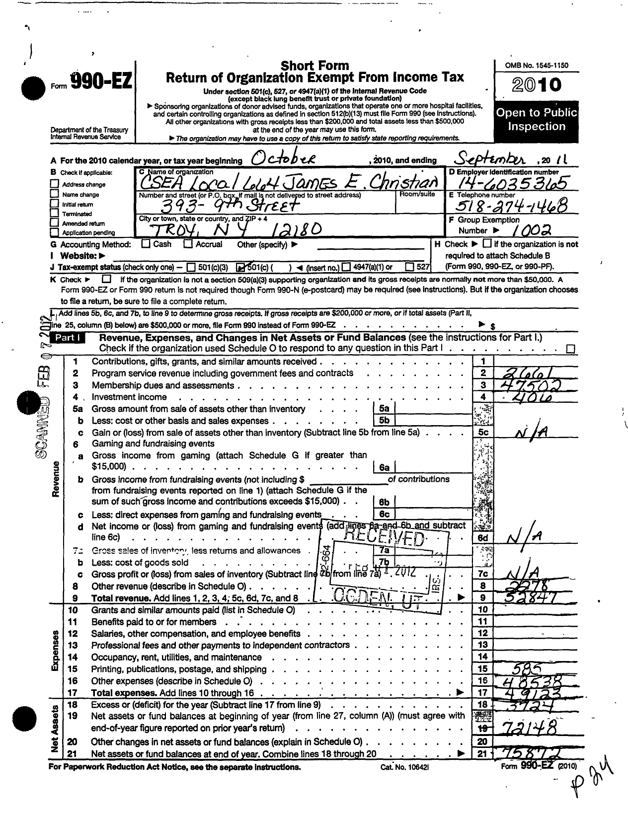 Image of first page of 2010 Form 990EO for Civil Service Employees Association - 0664 James E Christian Memorial Hea