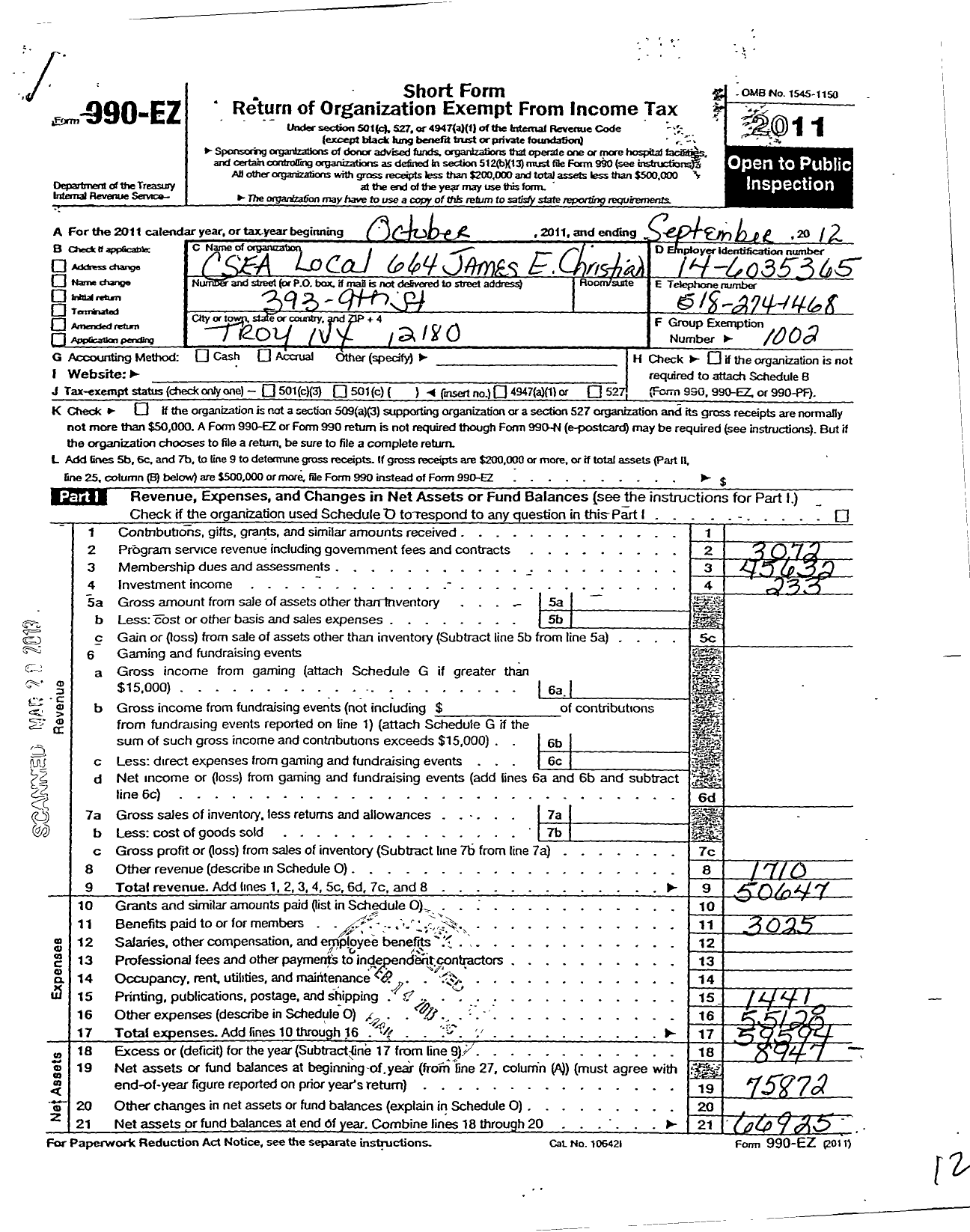 Image of first page of 2011 Form 990EO for Civil Service Employees Association - 0664 James E Christian Memorial Hea