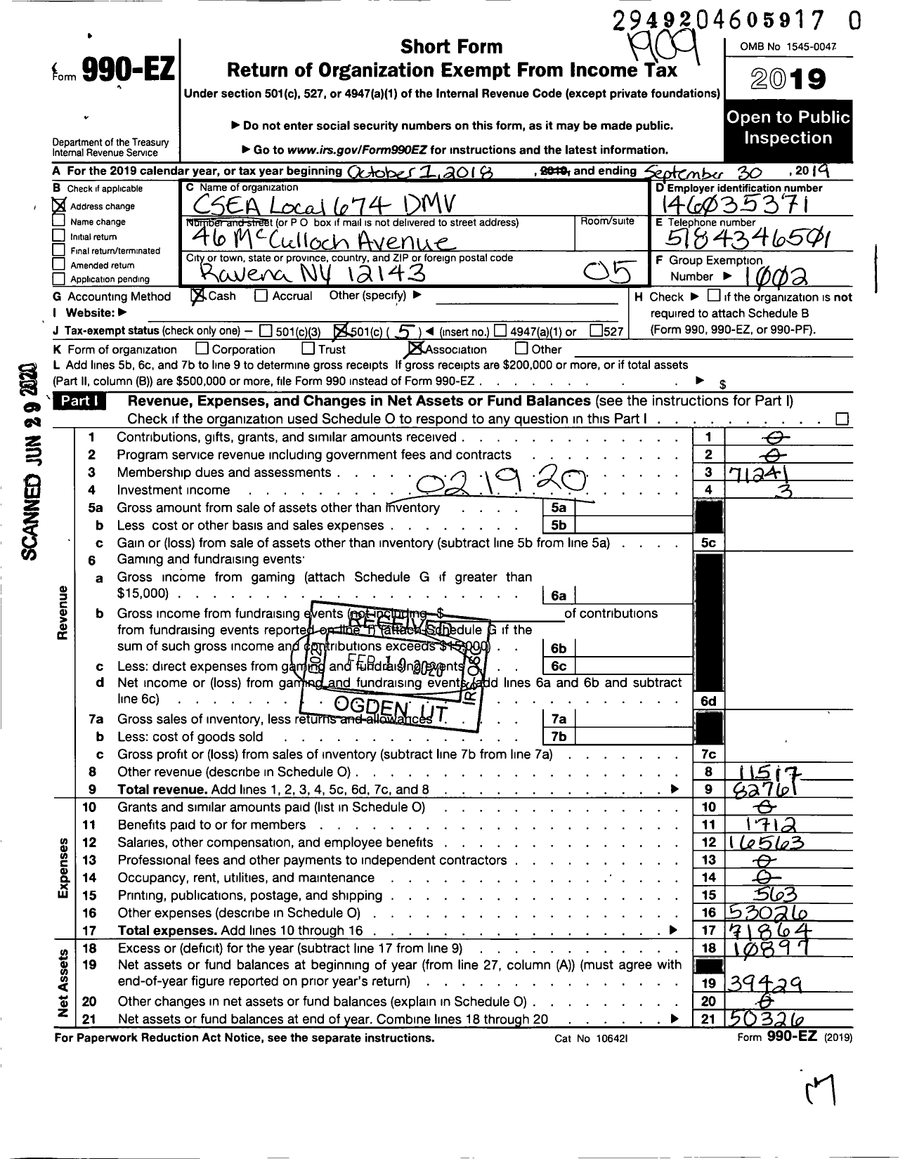 Image of first page of 2018 Form 990EO for Civil Service Employees Association - 0674 Motor Vehicle Albany