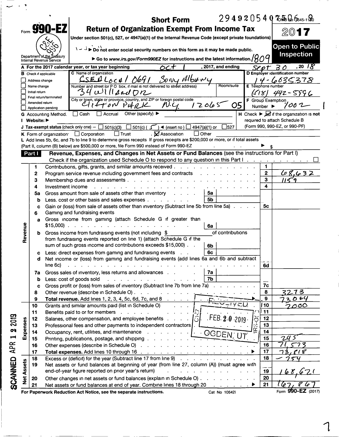 Image of first page of 2017 Form 990EO for Civil Service Employees Association - 0691 Suny at Albany