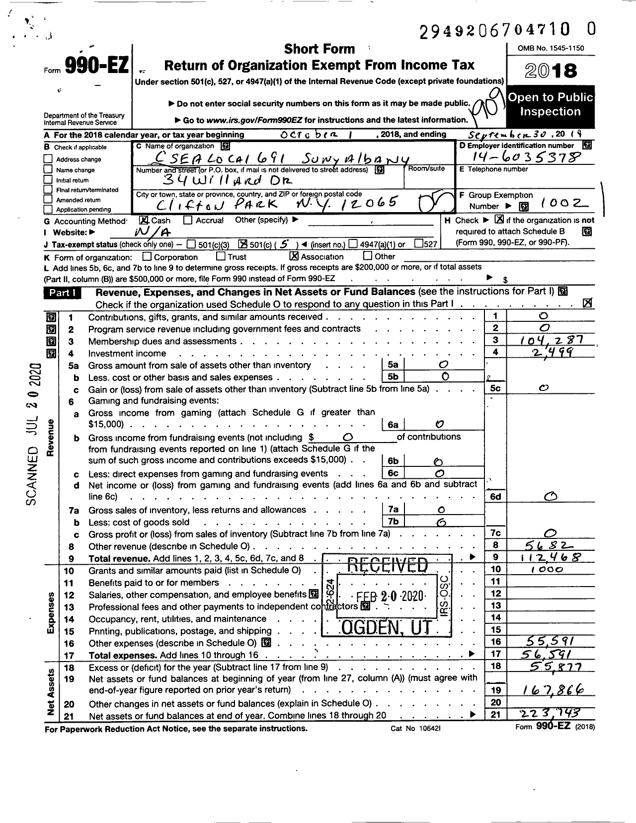 Image of first page of 2018 Form 990EO for Civil Service Employees Association - 0691 Suny at Albany