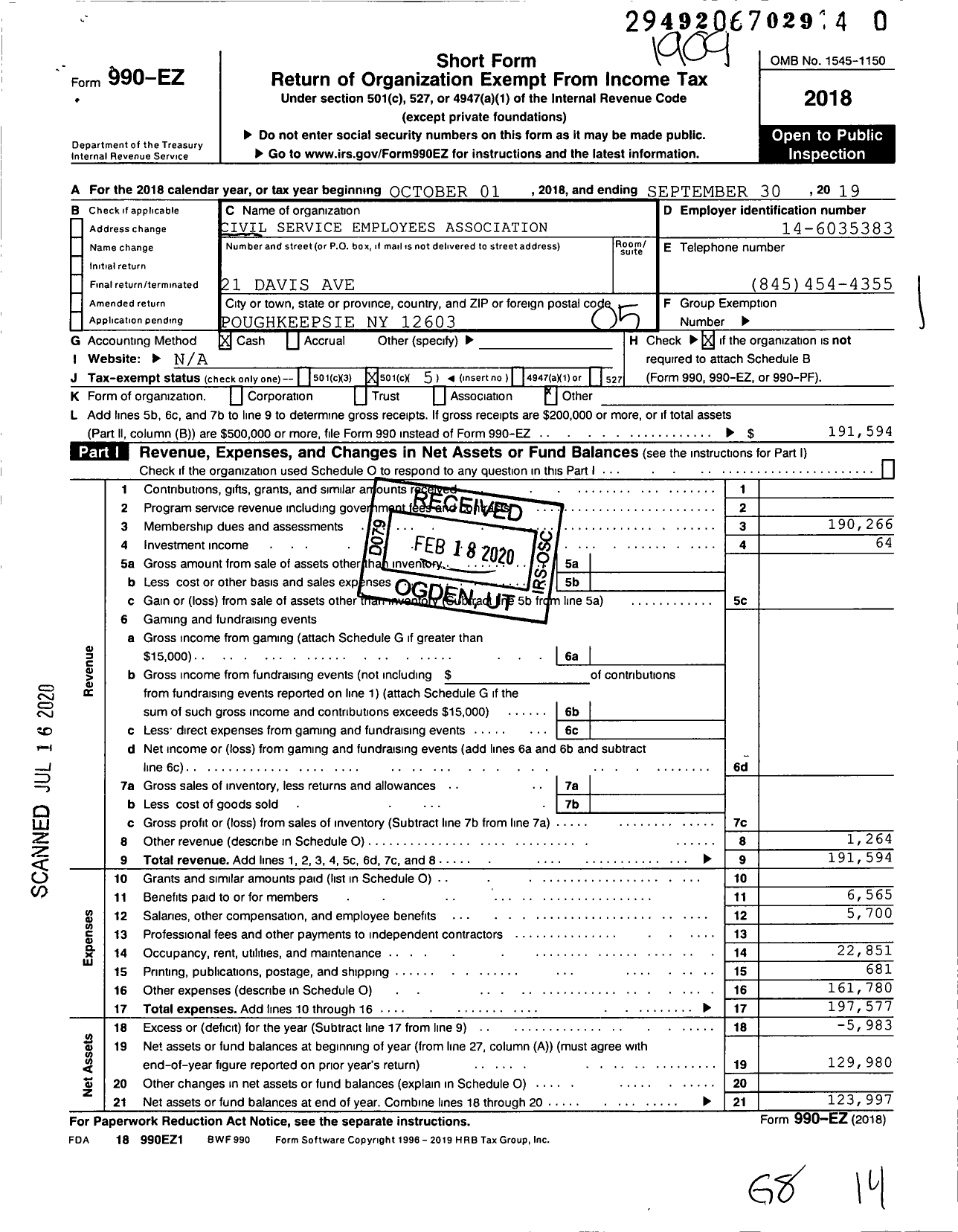 Image of first page of 2018 Form 990EO for Civil Service Employees Association