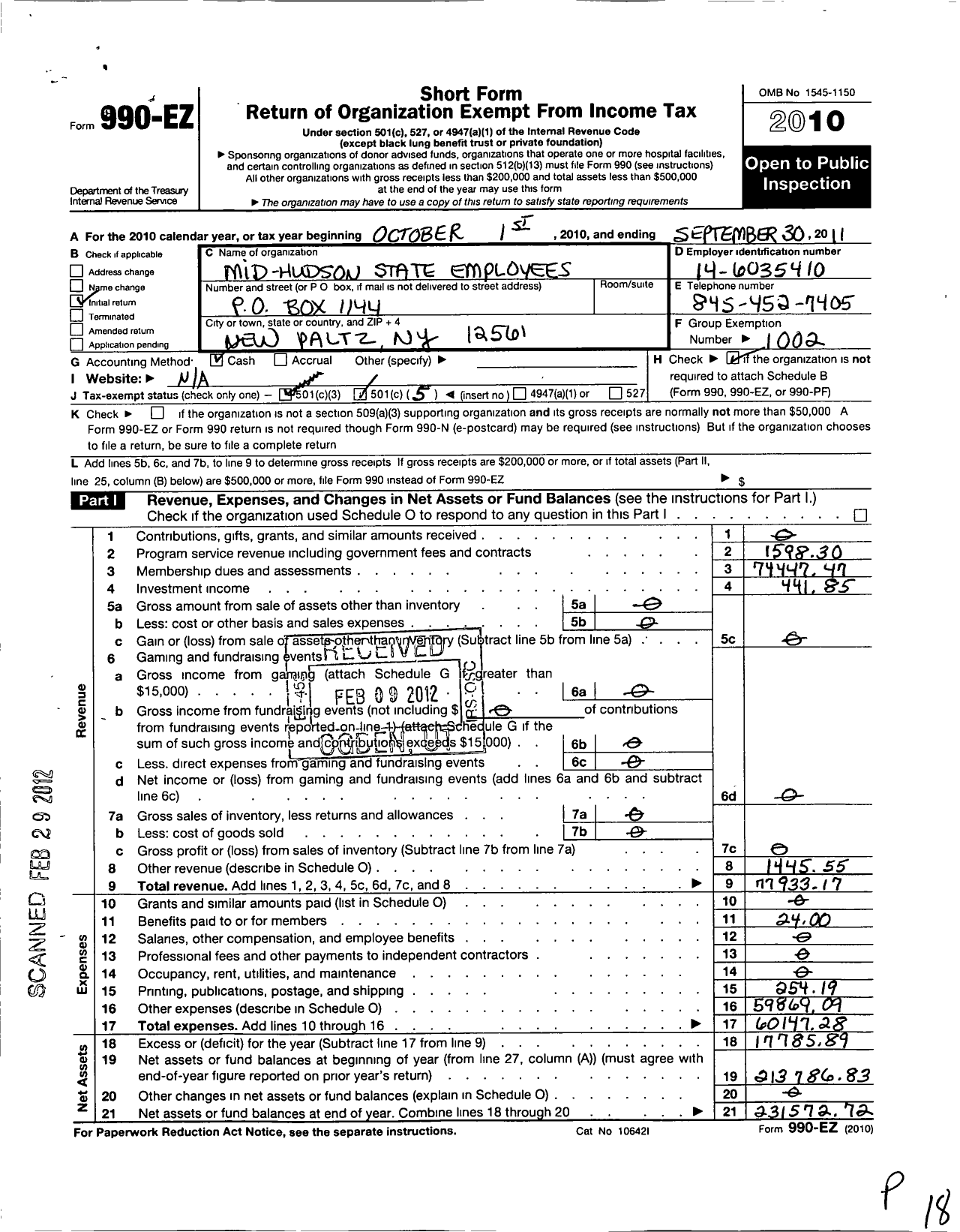 Image of first page of 2010 Form 990EO for Civil Service Employees Association - 009 Csea Local Mid Hudson St Employ