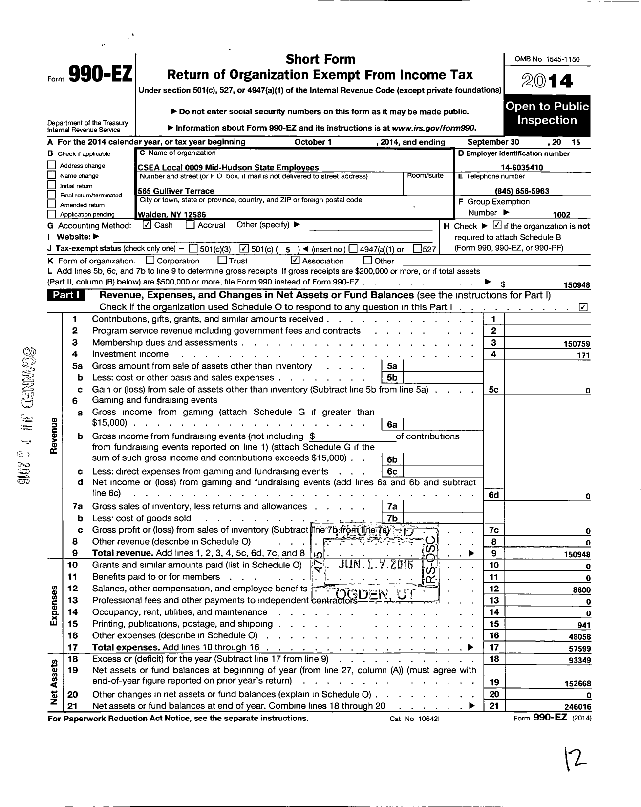 Image of first page of 2014 Form 990EO for Civil Service Employees Association - 009 Csea Local Mid Hudson St Employ