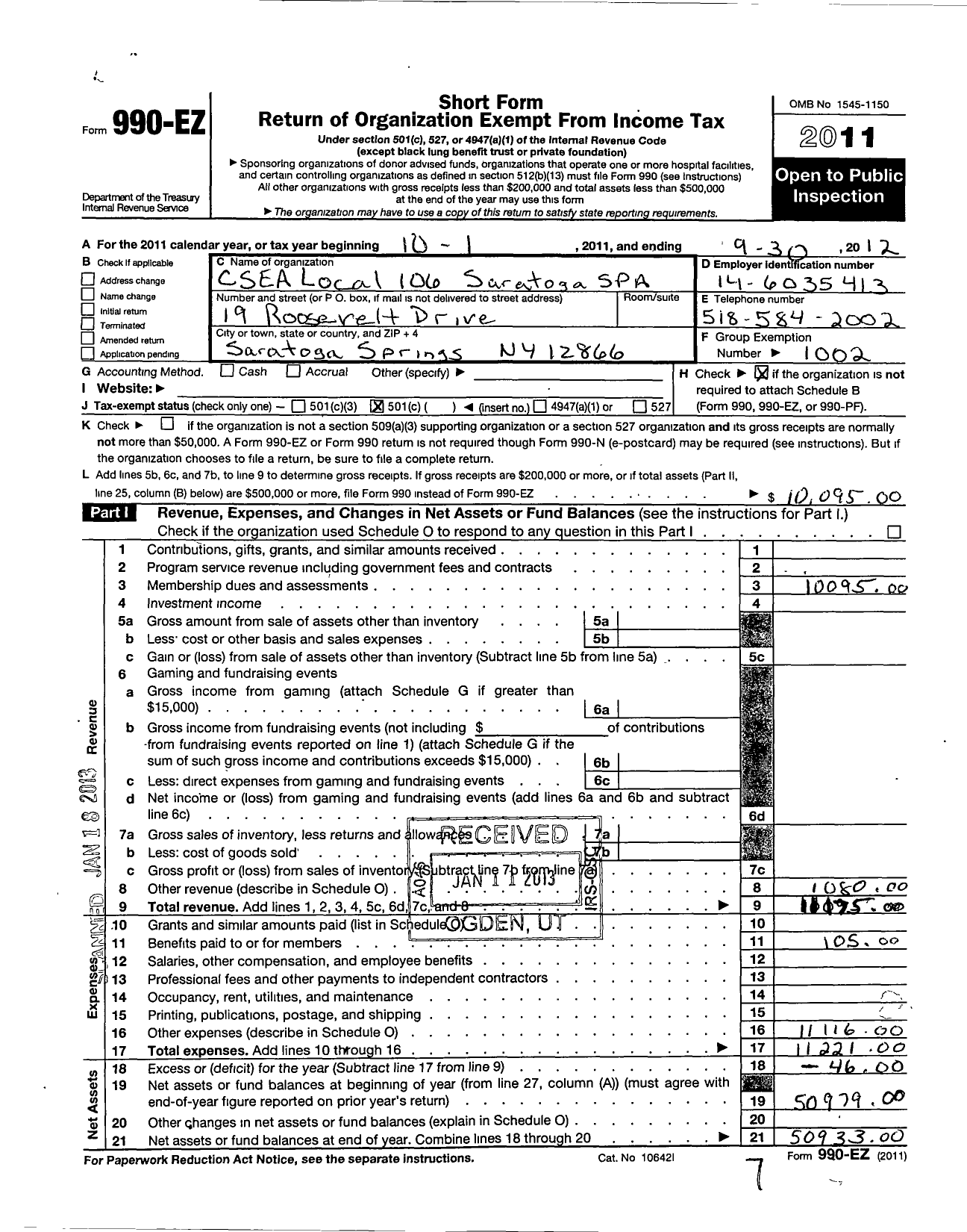 Image of first page of 2011 Form 990EO for Civil Service Employees Association - 0106 Saratoga Spa Al Dunckel