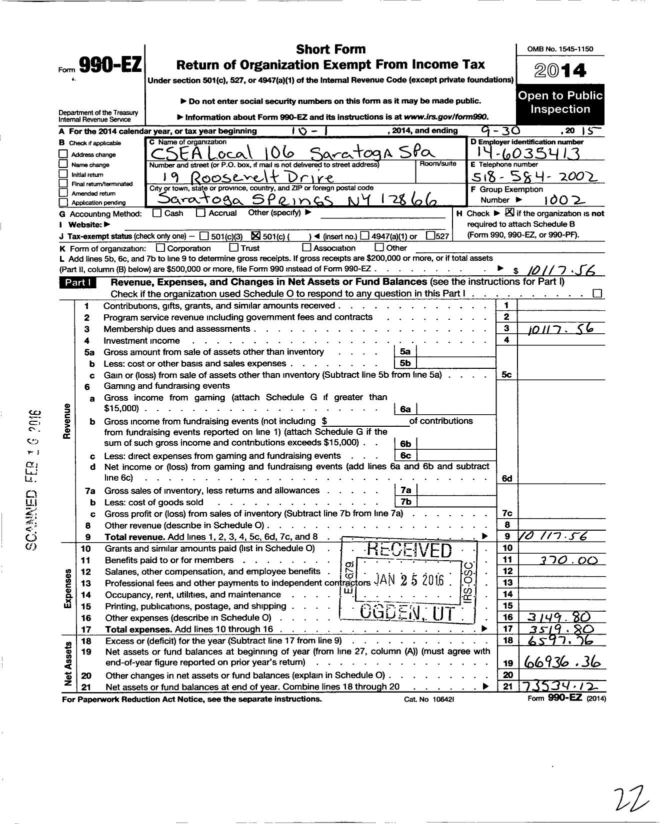 Image of first page of 2014 Form 990EO for Civil Service Employees Association - 0106 Saratoga Spa Al Dunckel