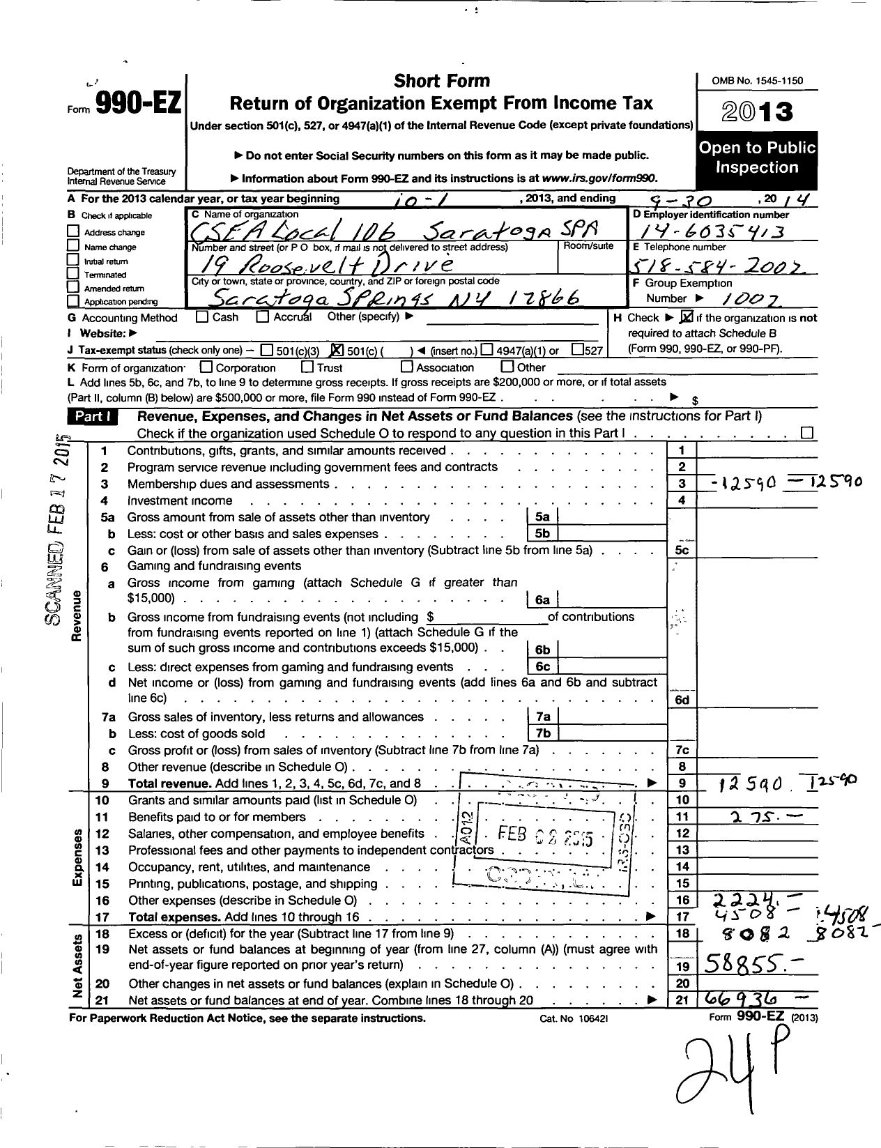 Image of first page of 2013 Form 990EO for Civil Service Employees Association - 0106 Saratoga Spa Al Dunckel