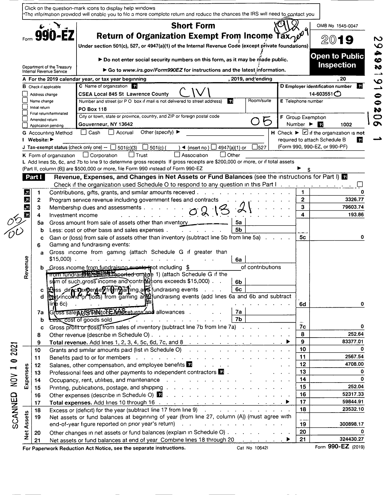 Image of first page of 2019 Form 990EO for Civil Service Employees Association - 0845 St Lawrence County