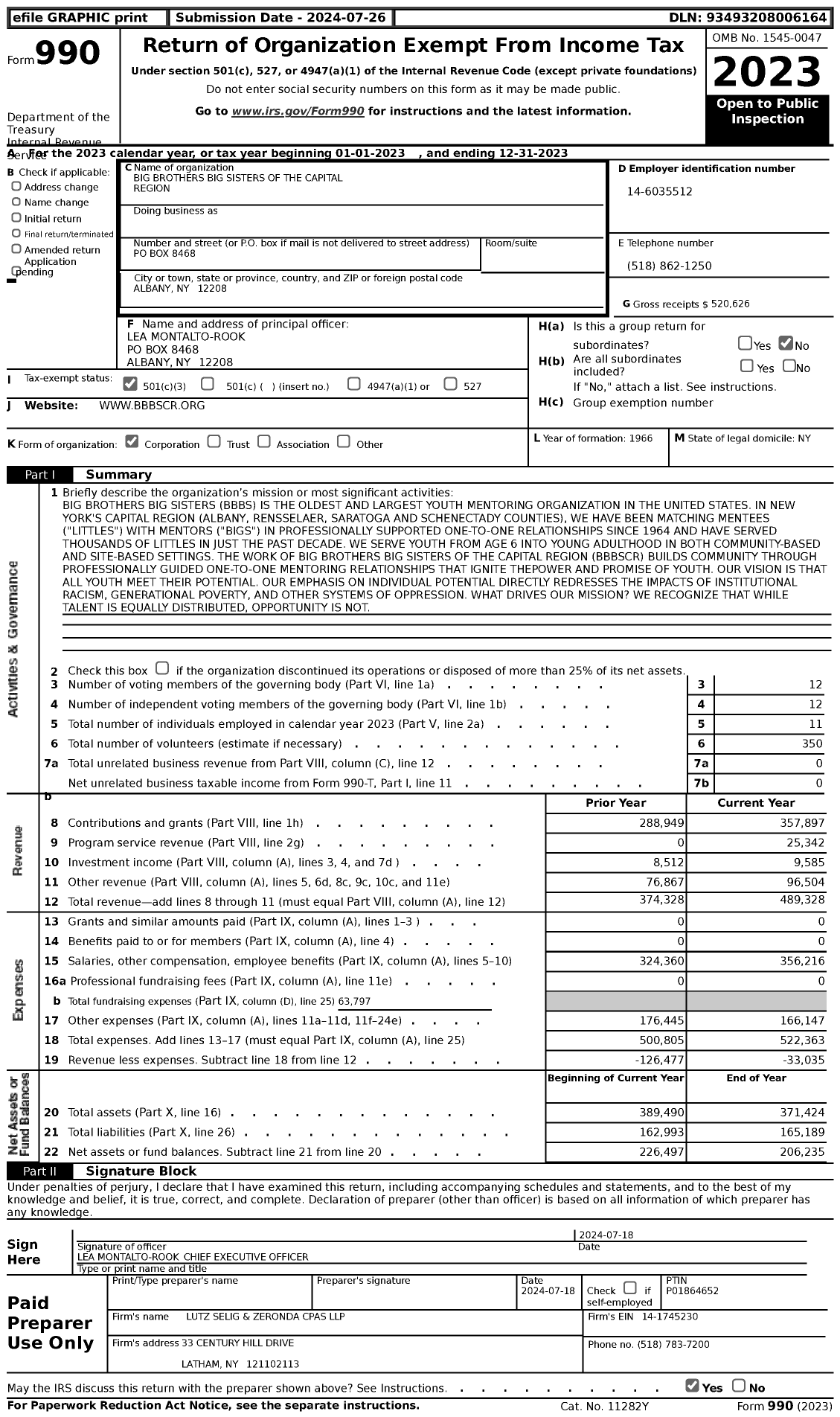 Image of first page of 2023 Form 990 for Big Brothers Big Sisters of the Capital Region