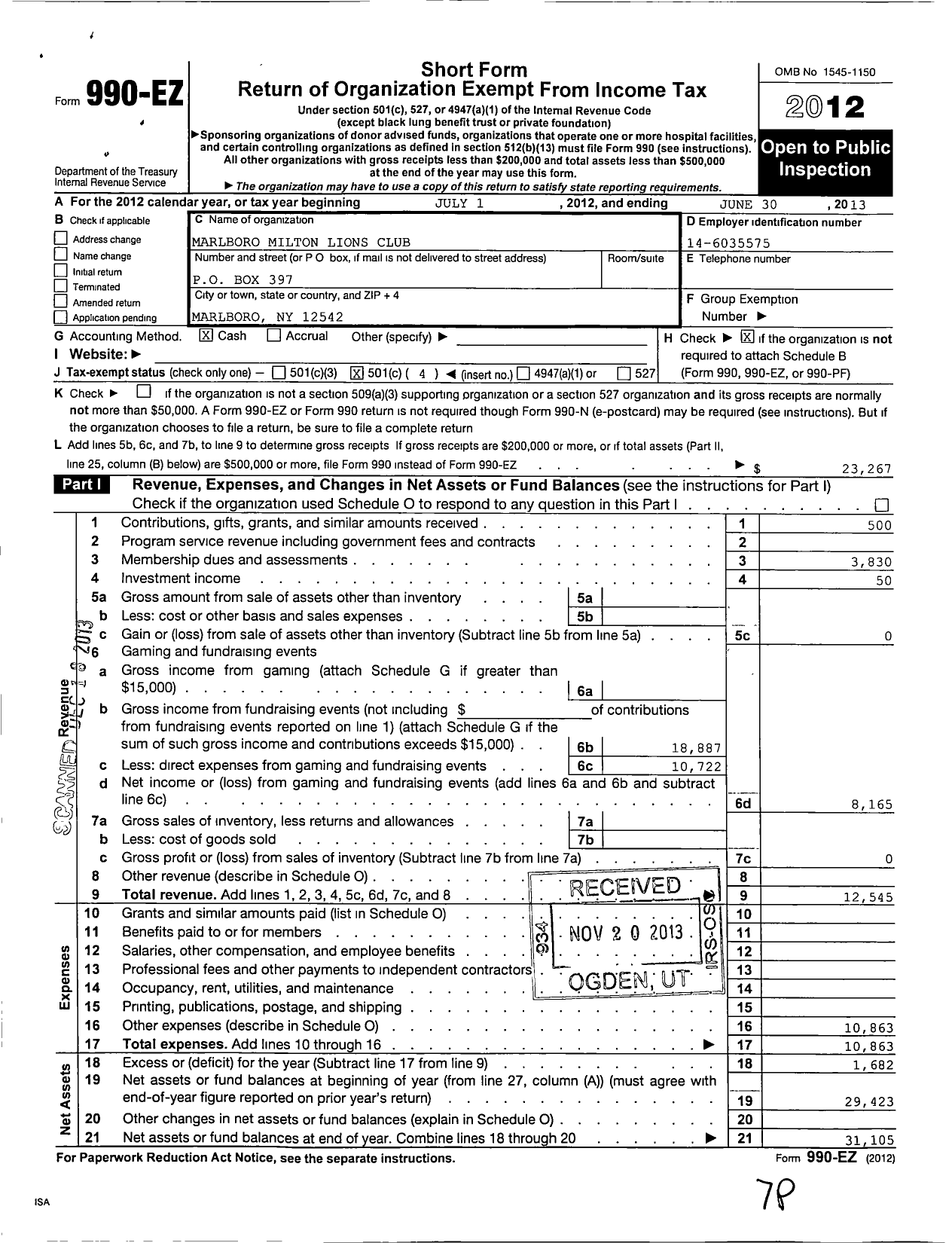 Image of first page of 2012 Form 990EO for Lions Clubs - 8321 Marlboro Milton New York