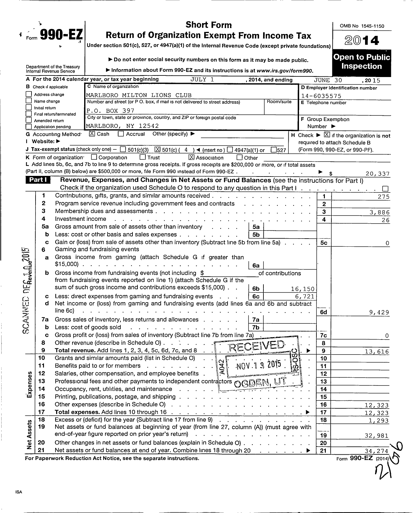 Image of first page of 2014 Form 990EO for Lions Clubs - 8321 Marlboro Milton New York