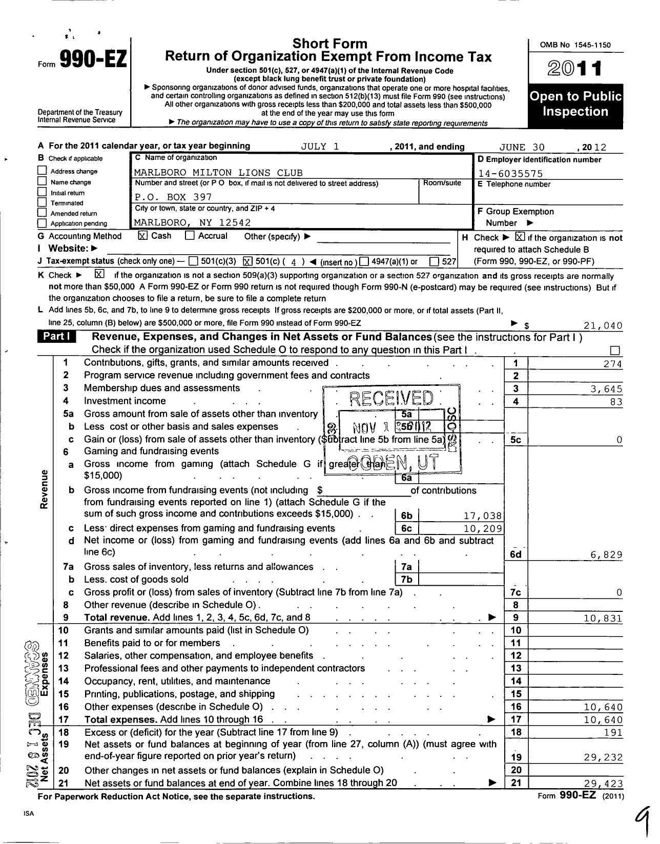 Image of first page of 2011 Form 990EO for Lions Clubs - 8321 Marlboro Milton New York