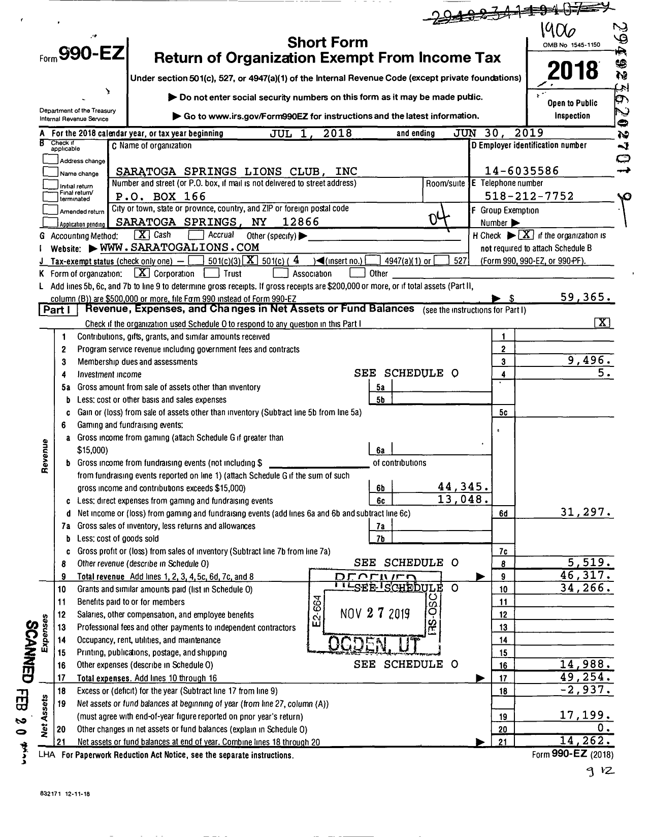 Image of first page of 2018 Form 990EO for Saratoga Springs Lions Club