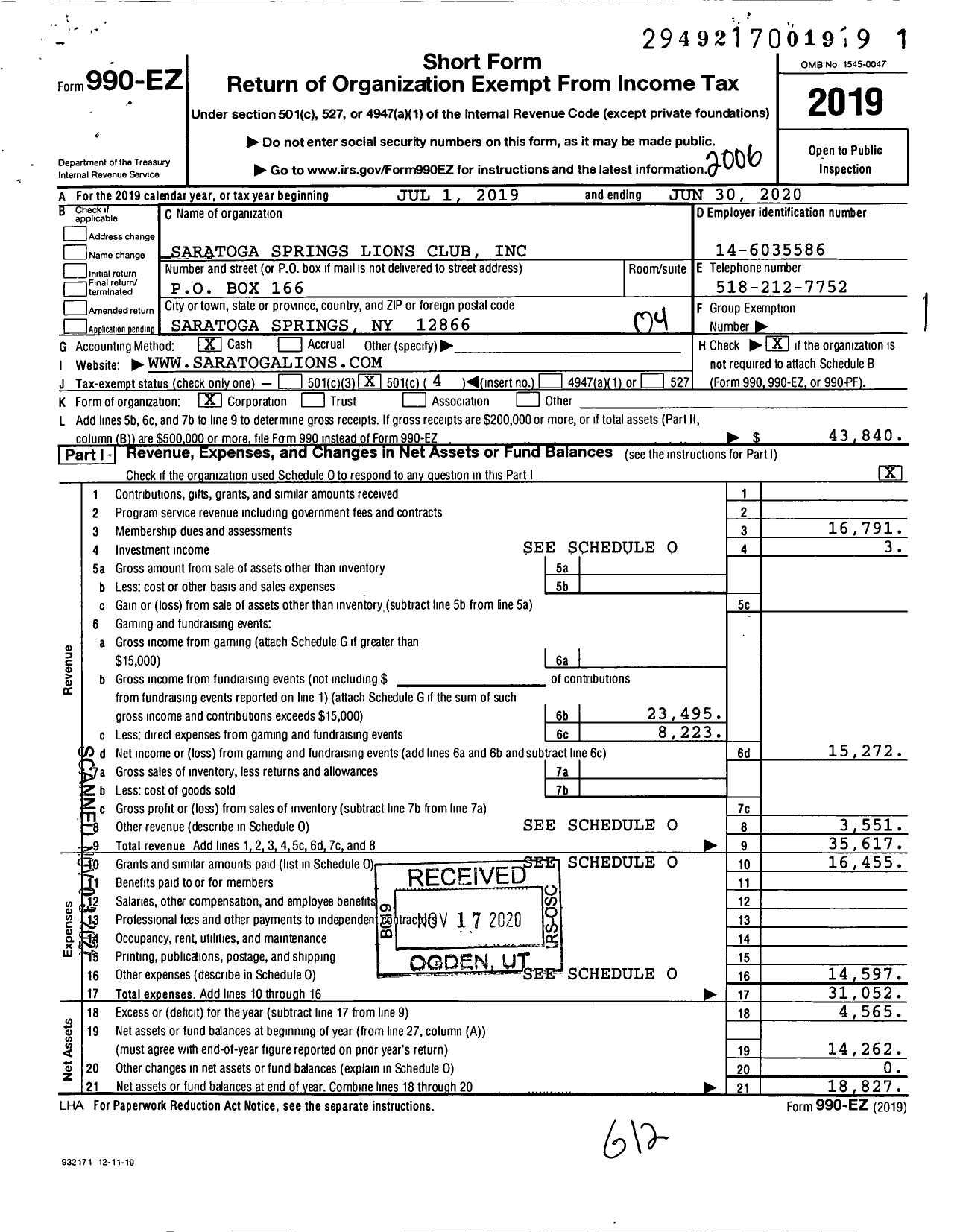 Image of first page of 2019 Form 990EO for Saratoga Springs Lions Club