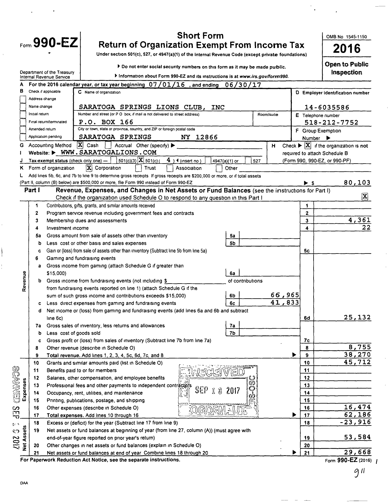 Image of first page of 2016 Form 990EO for Saratoga Springs Lions Club