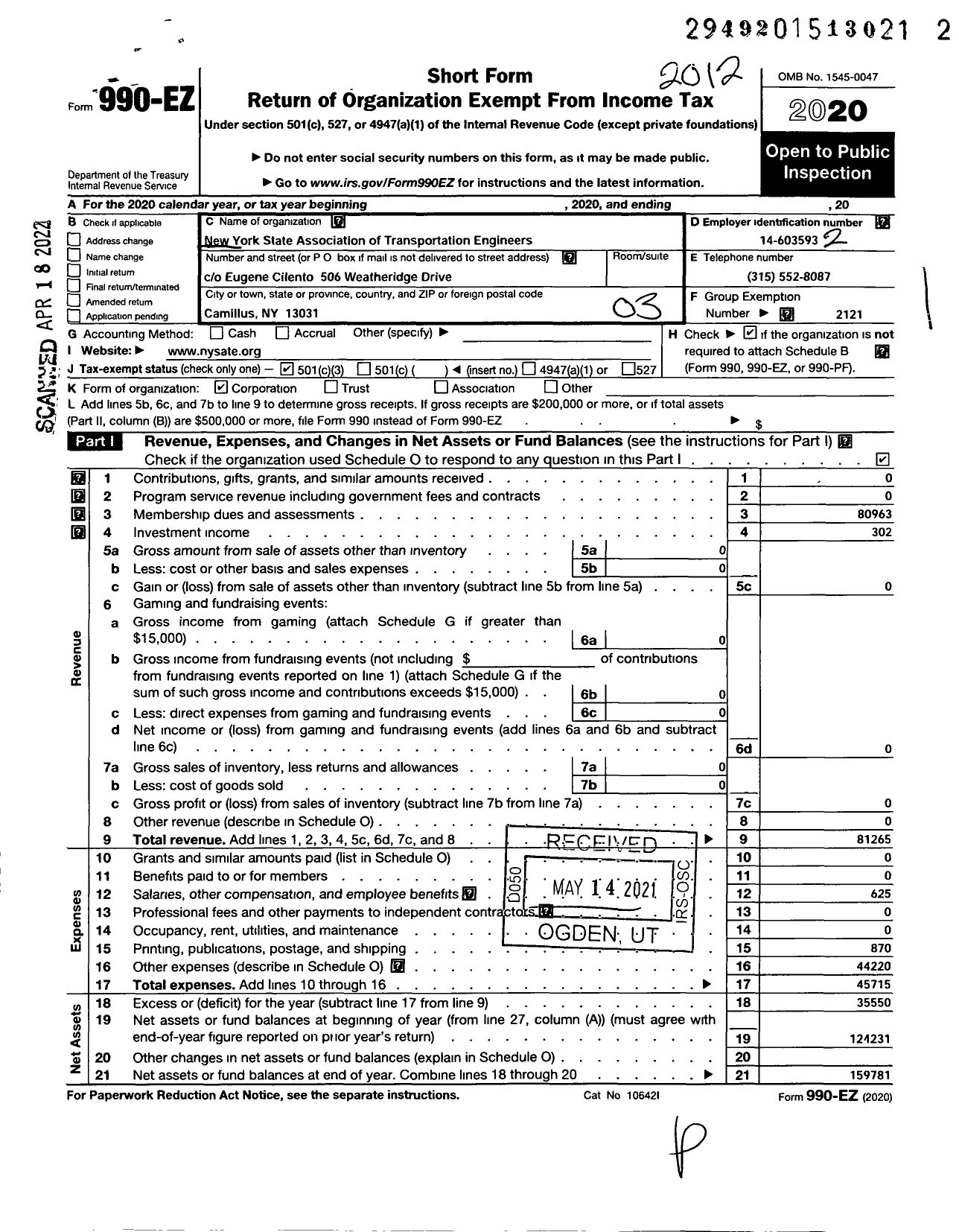 Image of first page of 2020 Form 990EZ for New York State Association of Transportaion Engineers (NYSATE)