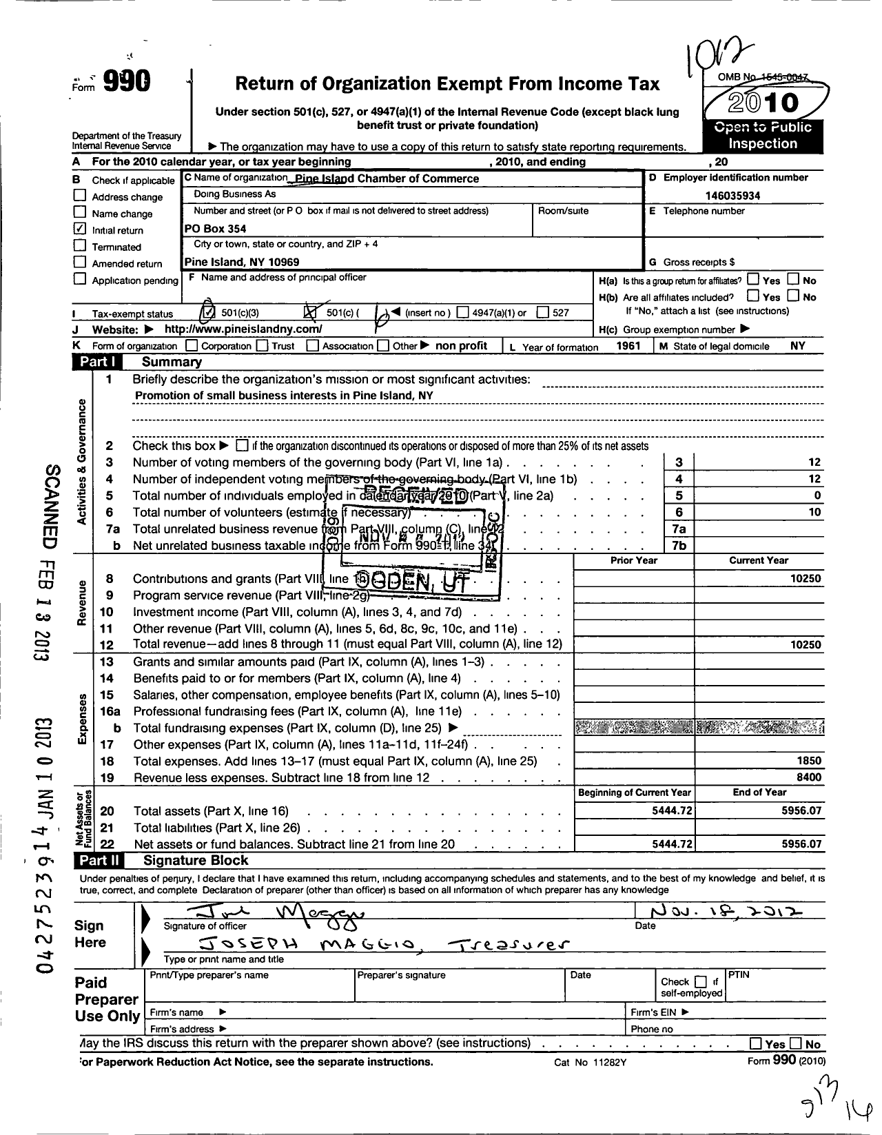 Image of first page of 2010 Form 990O for Pine Island Chamber of Commerce