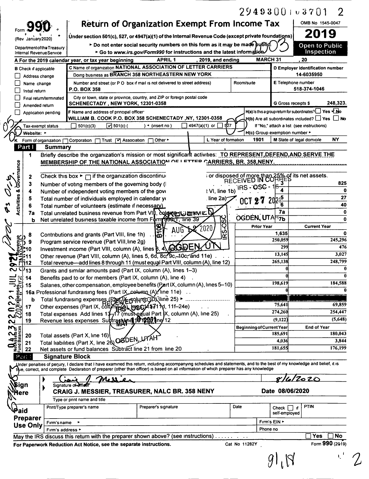 Image of first page of 2019 Form 990O for National Association of Letter Carriers - Branch 358 Northeastern New York