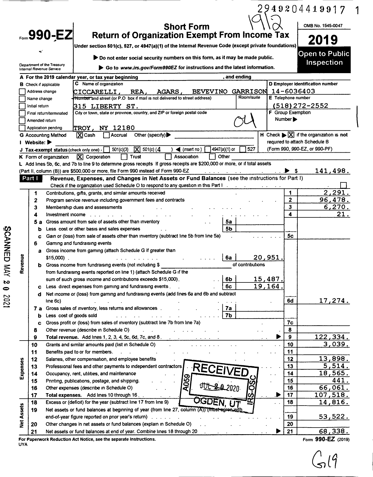 Image of first page of 2019 Form 990EO for Ciccarelli Rae Agars Bevivino Garrison 1954