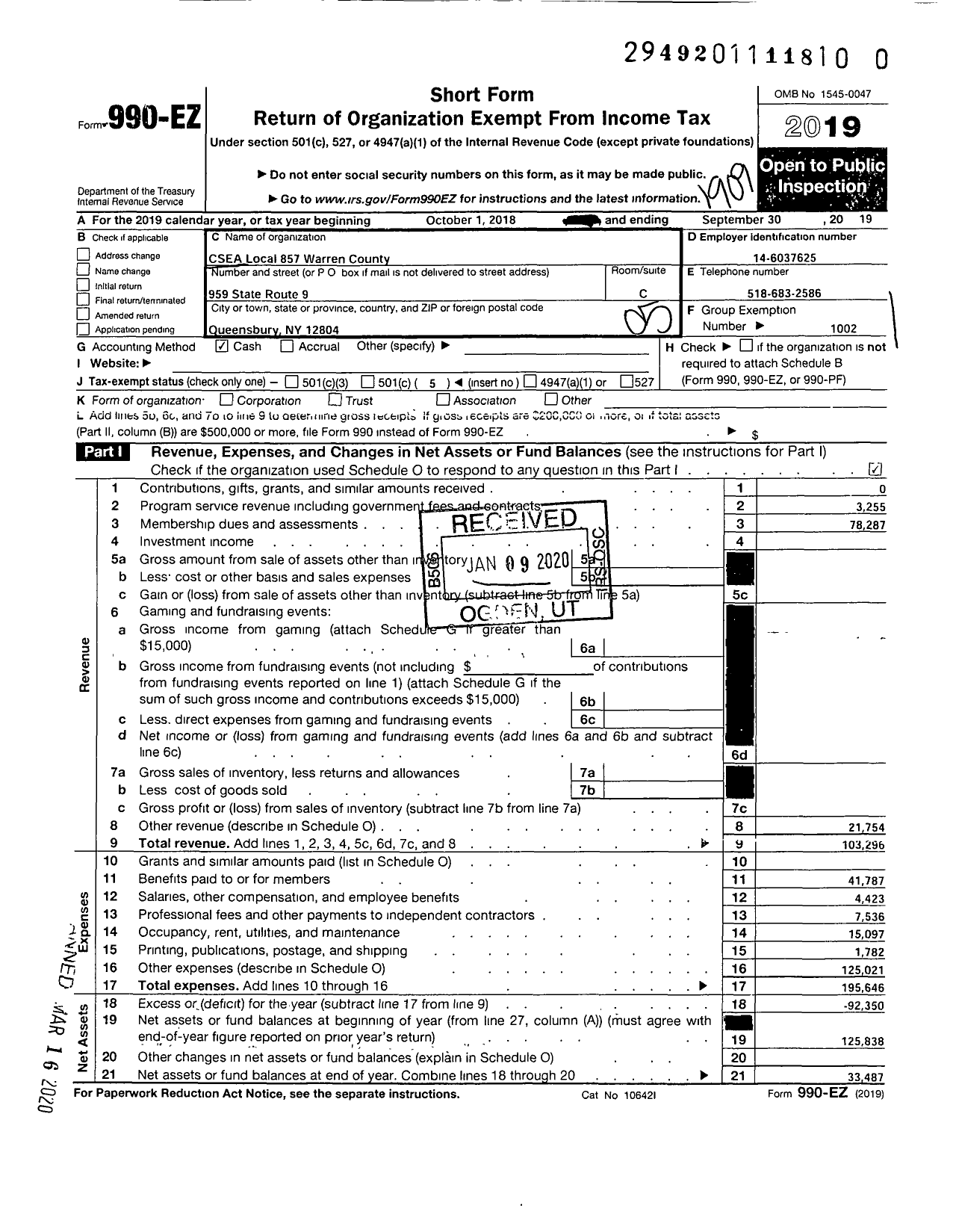 Image of first page of 2018 Form 990EO for Civil Service Employees Association - 0857-900800 Warren Co North CSD