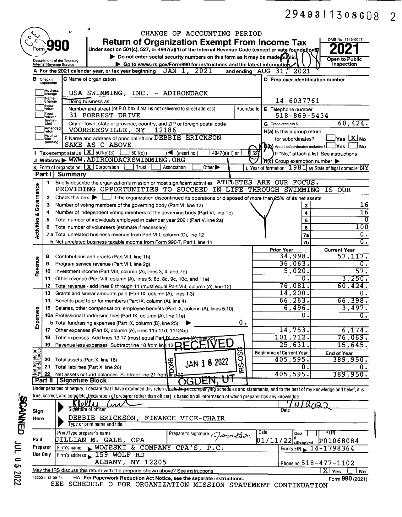 Image of first page of 2020 Form 990 for USA Swimming Adirondack