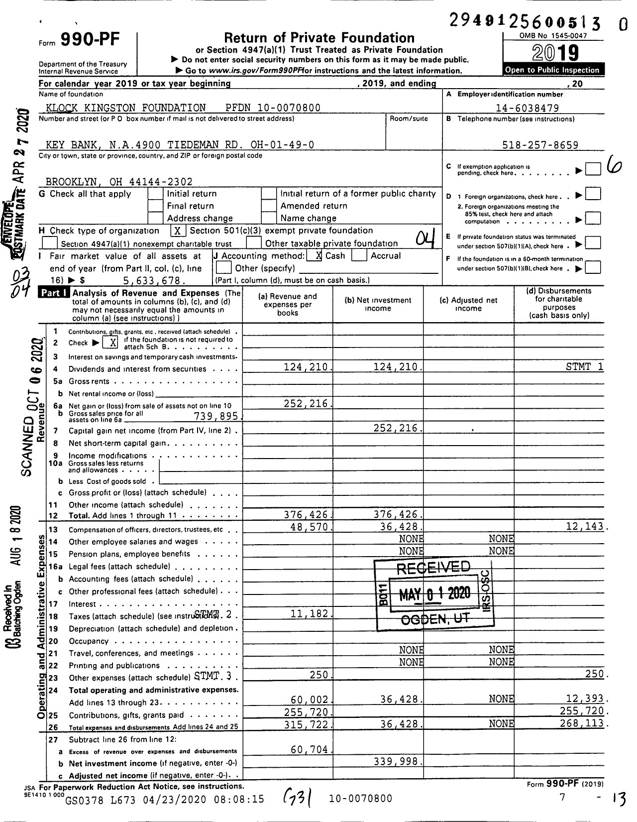 Image of first page of 2019 Form 990PR for Klock Kingston Foundation PFDN