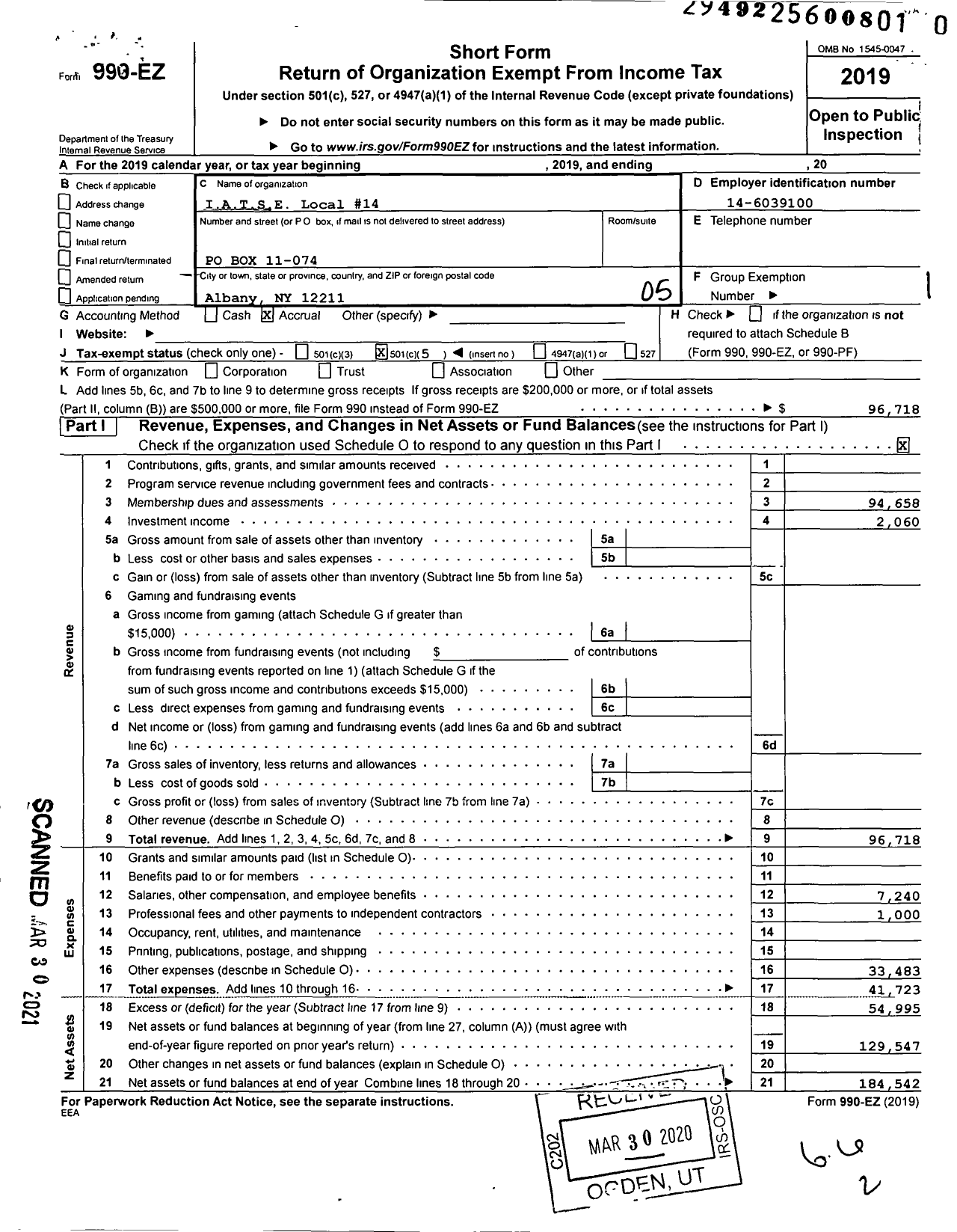 Image of first page of 2019 Form 990EO for International Alliance of Theatrical Stage Employees - 14 Local