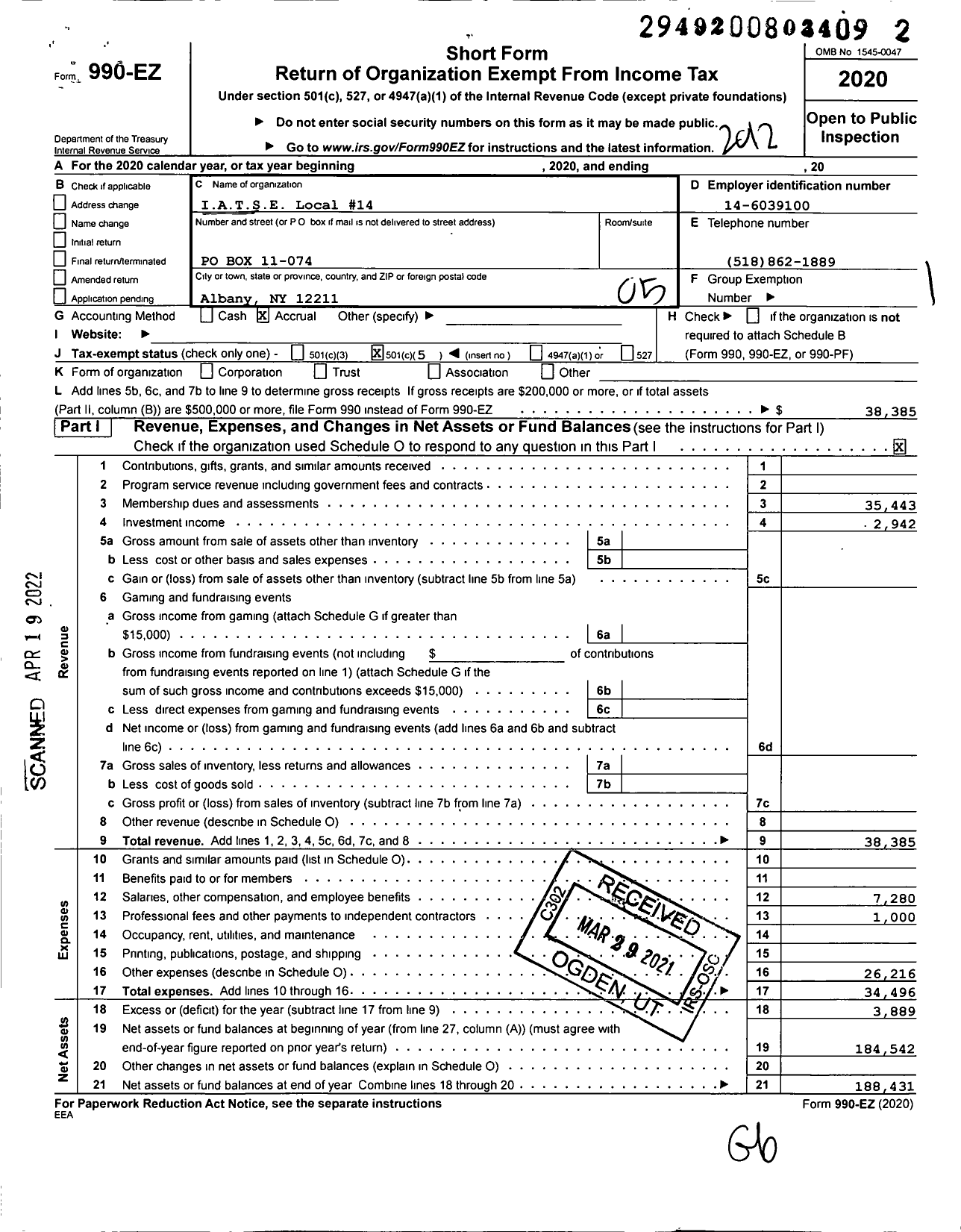 Image of first page of 2020 Form 990EO for International Alliance of Theatrical Stage Employees - 14 Local