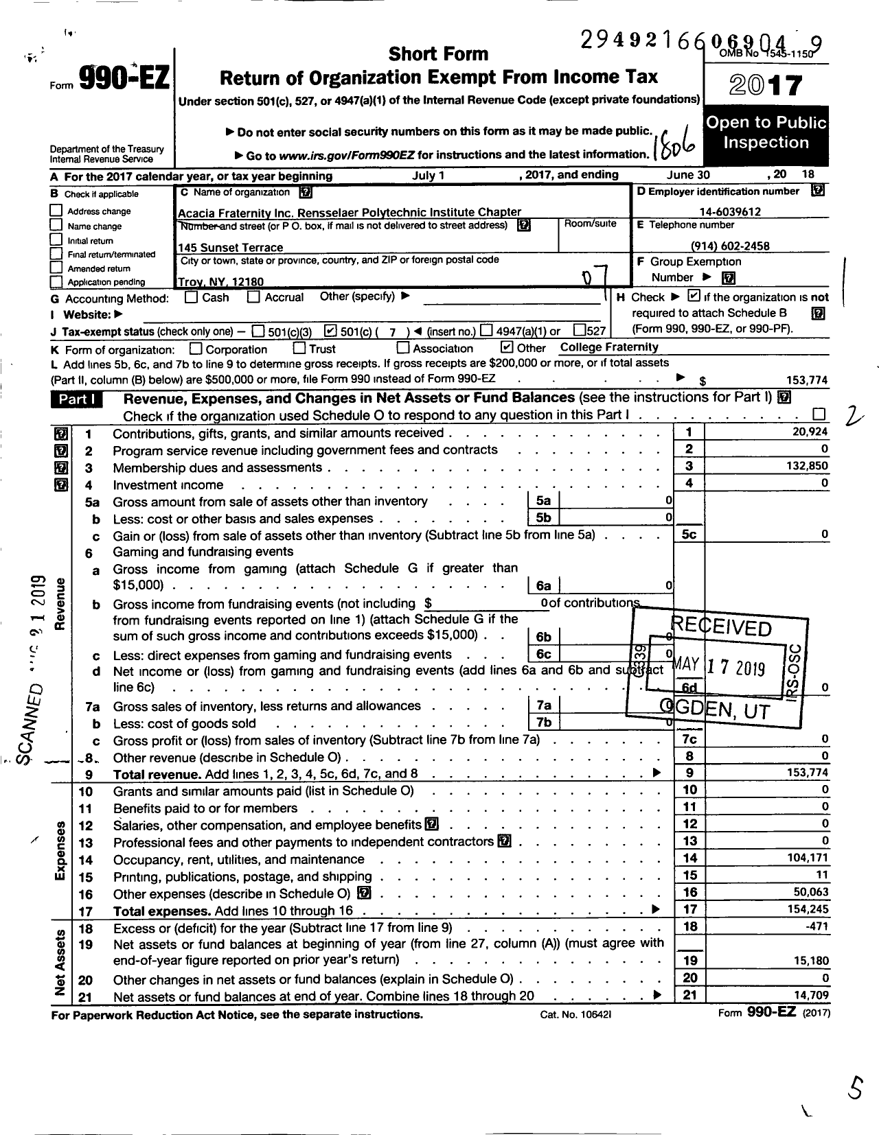 Image of first page of 2017 Form 990EO for Acacia Fraternity Incorporated / Rensselaer Polytechnic Inst-Chapter