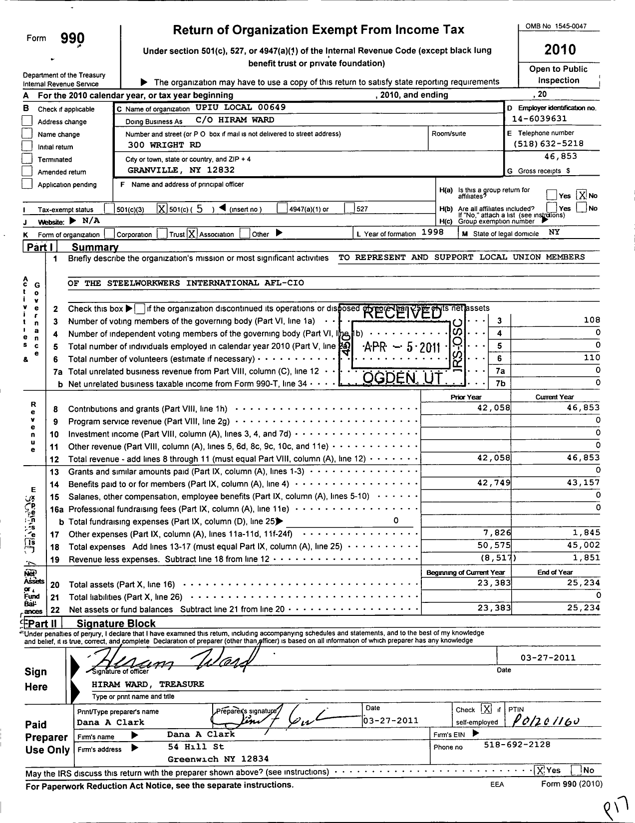 Image of first page of 2010 Form 990O for United Steelworkers - 00649 Local