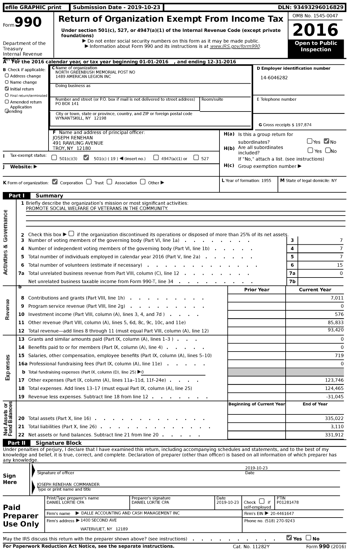 Image of first page of 2016 Form 990 for North Greenbush Memorial Post No 1489 American Legion