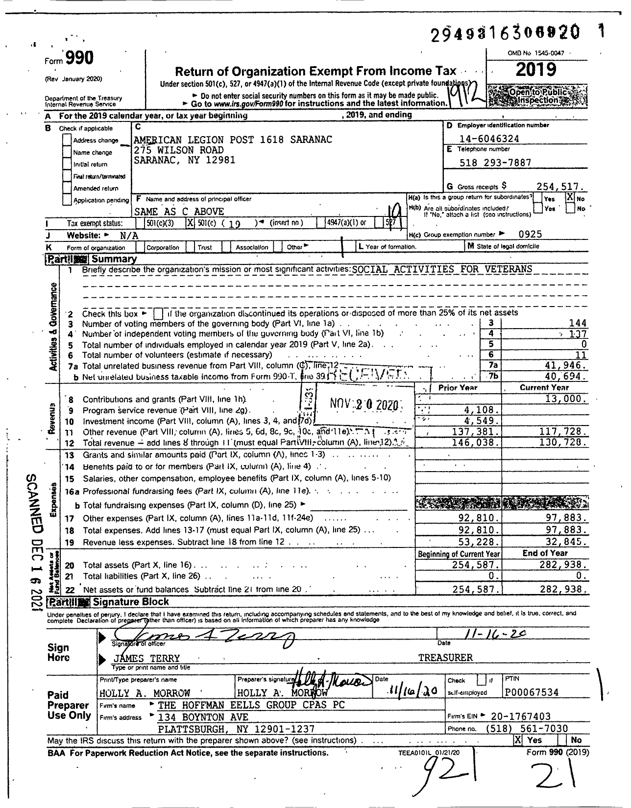 Image of first page of 2019 Form 990O for American Legion - 1618 Saranac