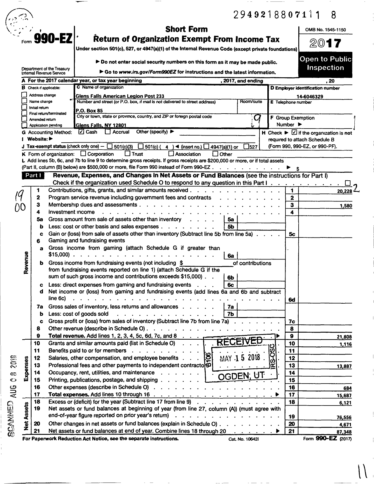 Image of first page of 2017 Form 990EO for American Legion - 233 Glen Falls Post