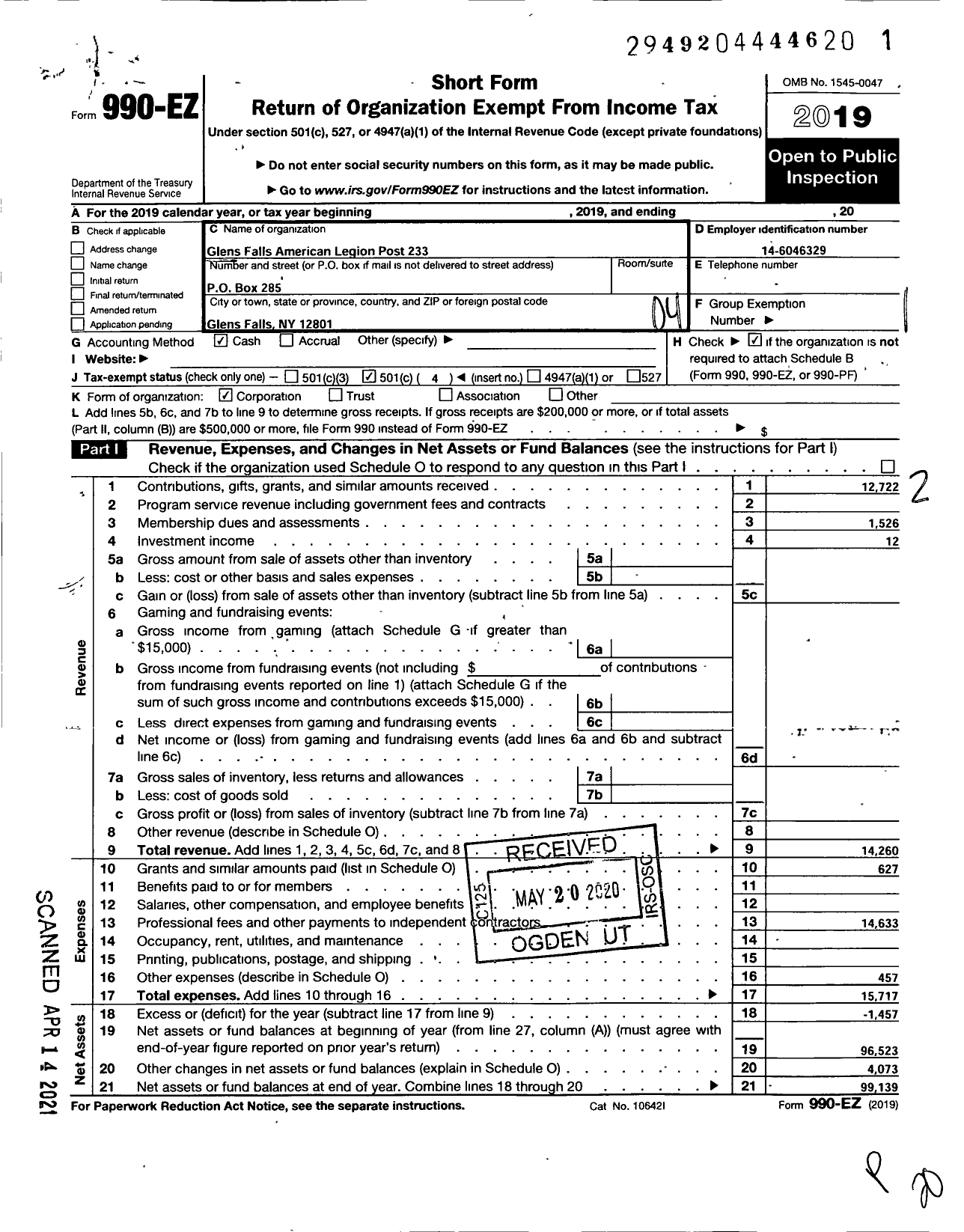 Image of first page of 2019 Form 990EO for American Legion - 233 Glen Falls Post