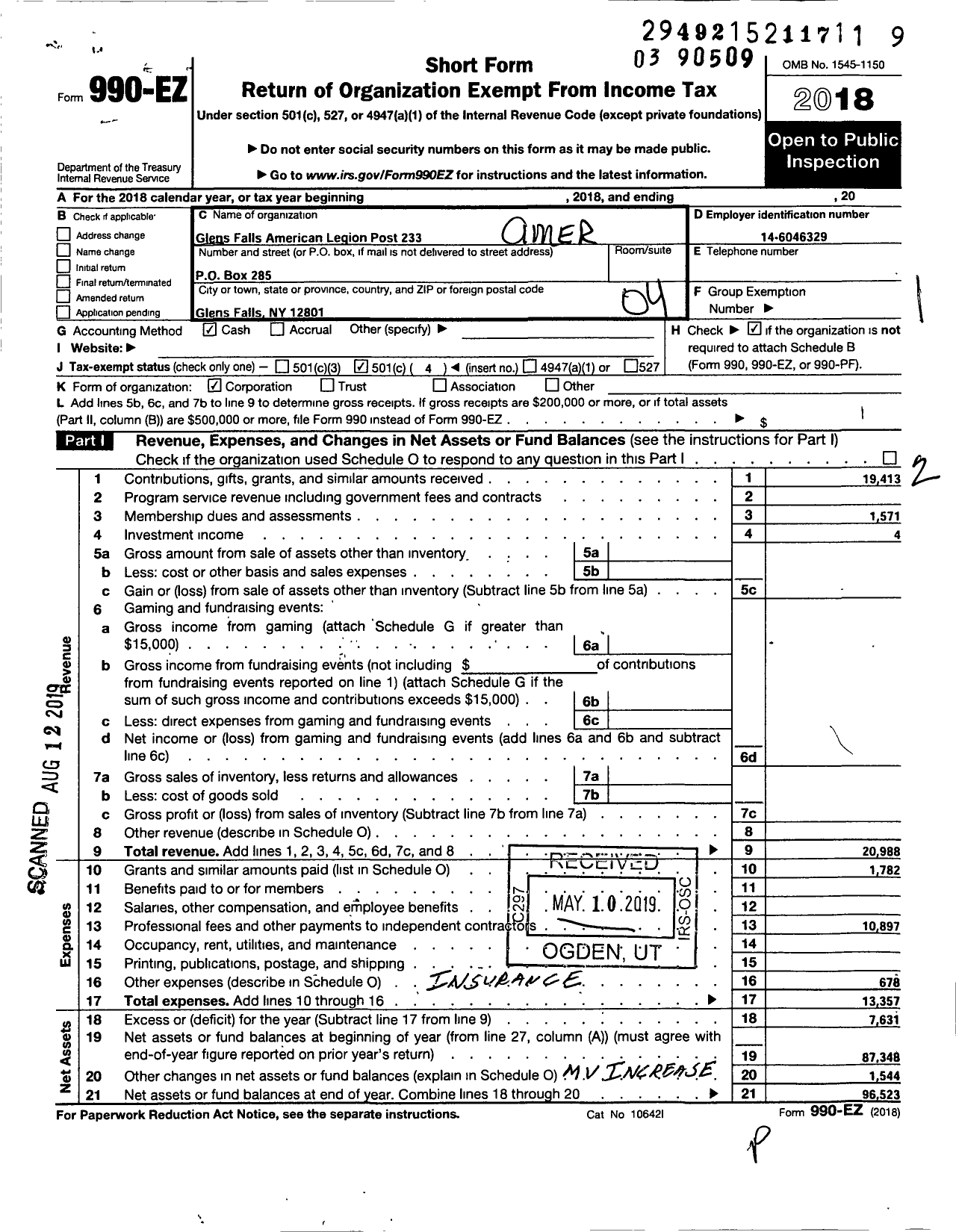 Image of first page of 2018 Form 990EO for American Legion - 233 Glen Falls Post