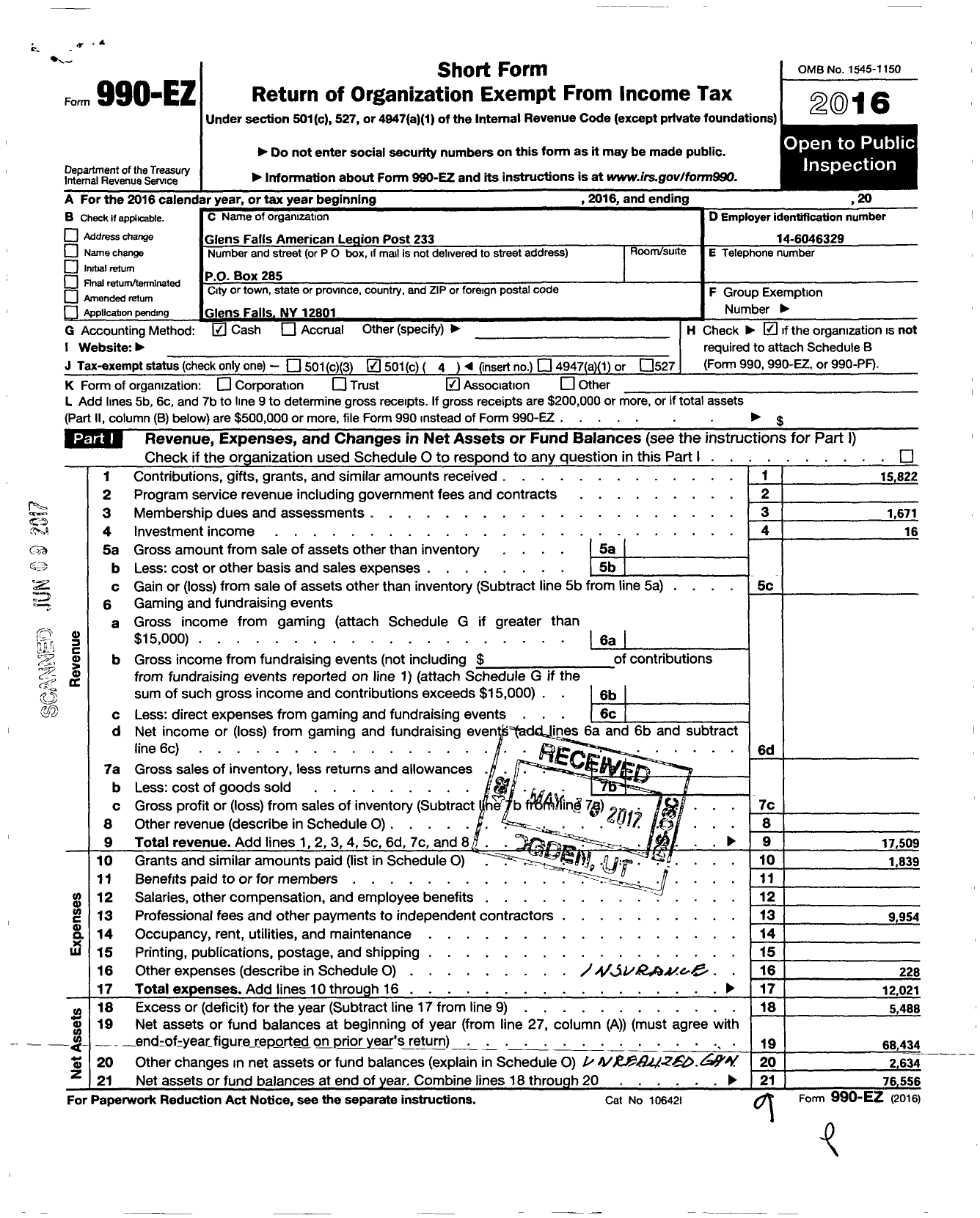 Image of first page of 2016 Form 990EO for American Legion - 233 Glen Falls Post