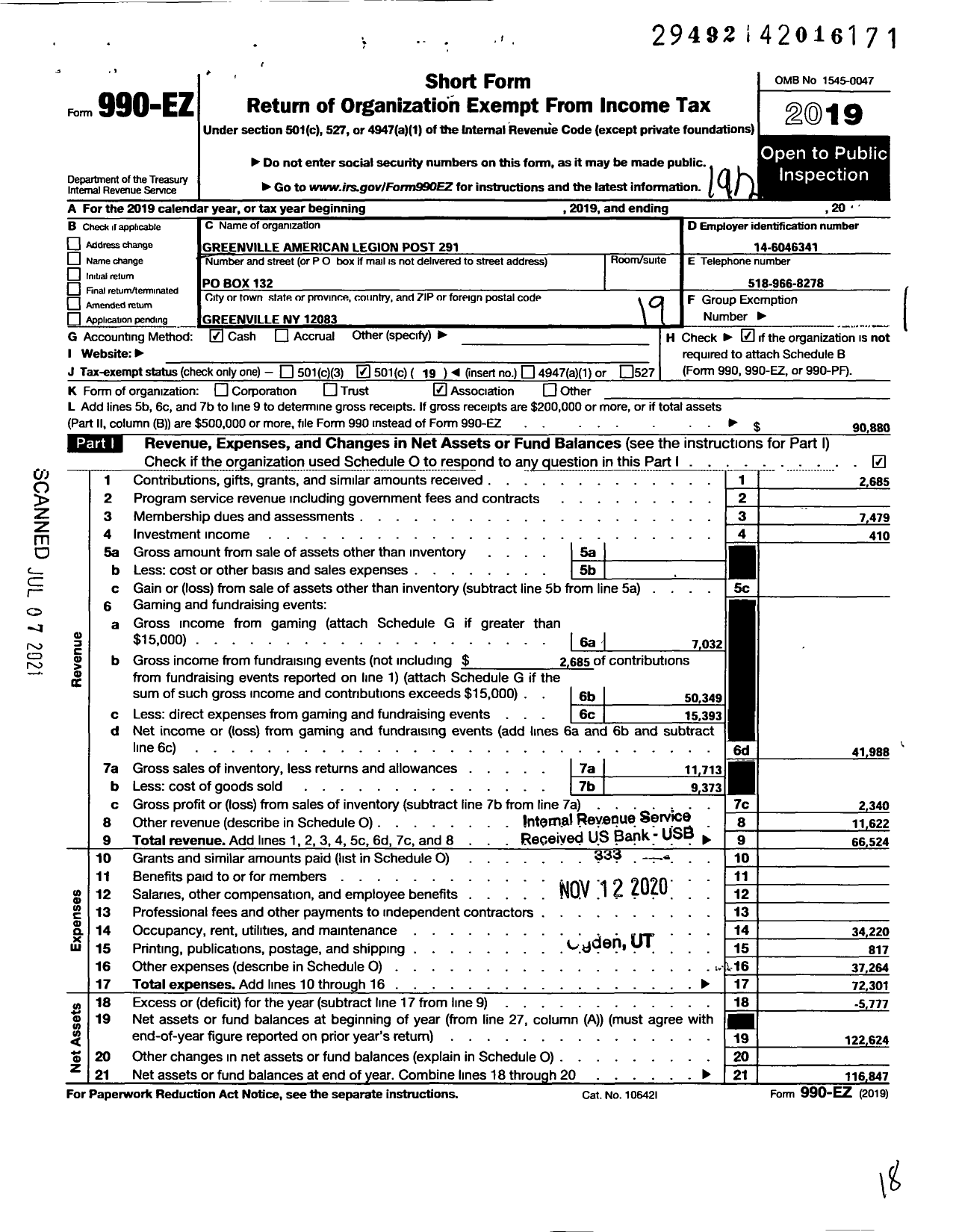 Image of first page of 2019 Form 990EO for Greenville American Legion Post 291