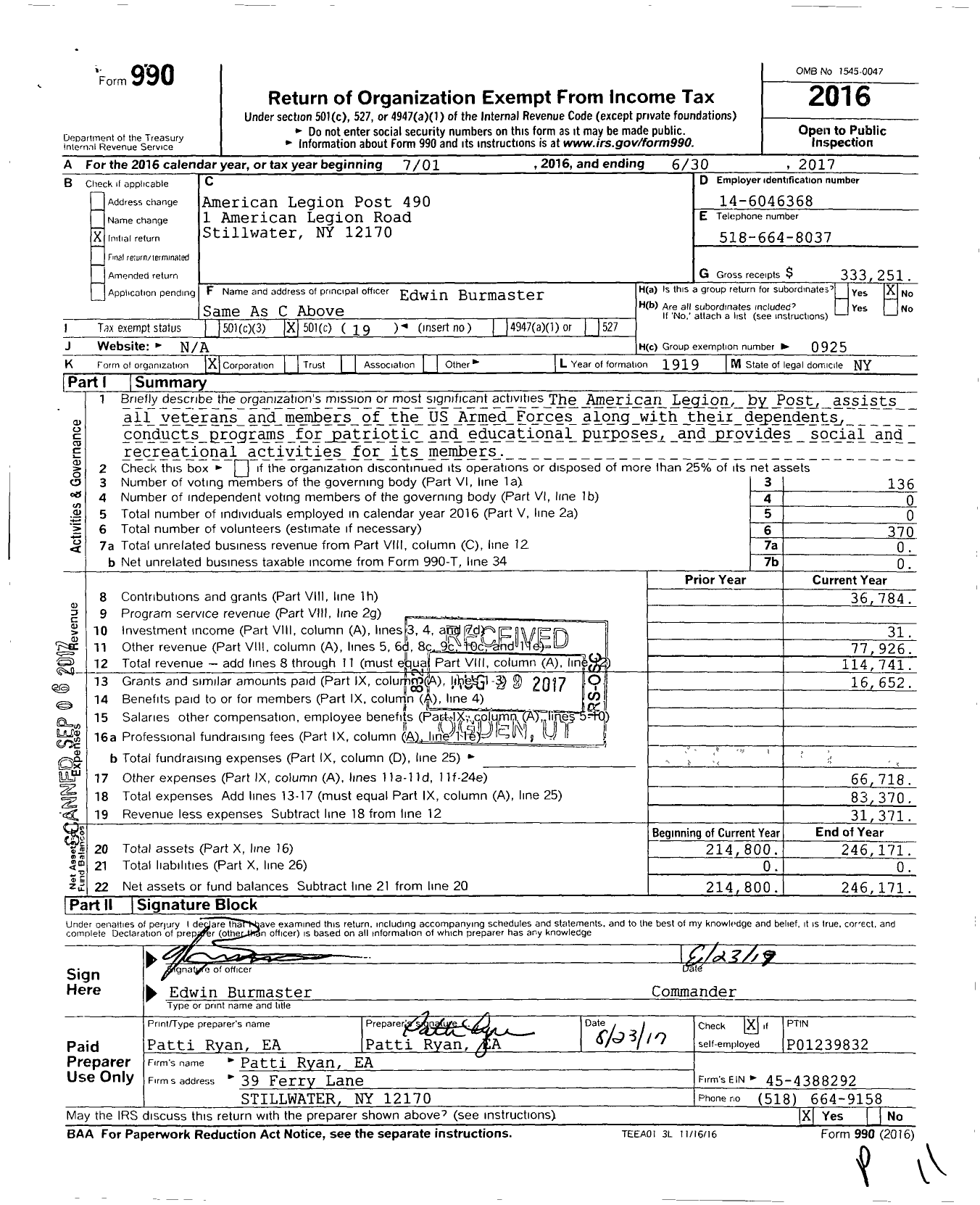 Image of first page of 2016 Form 990O for American Legion - 490 Post