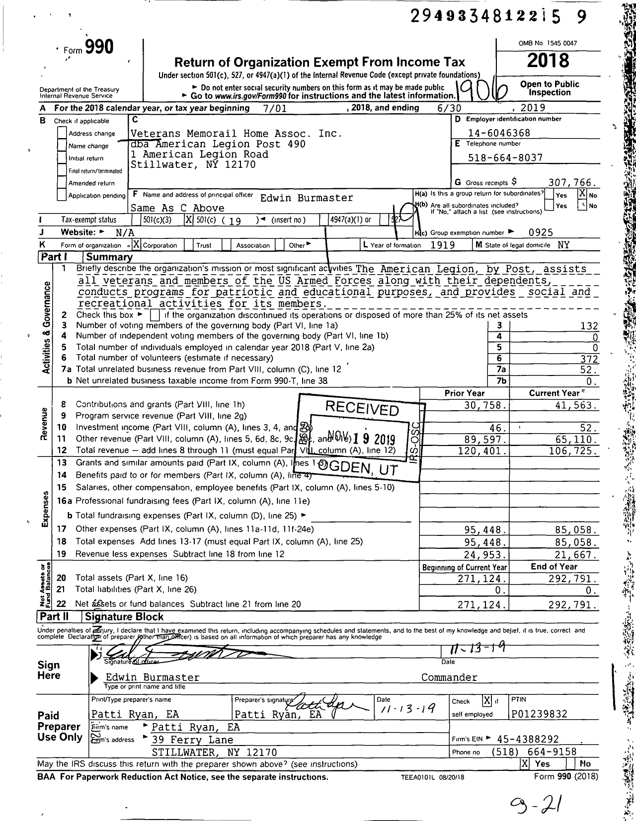 Image of first page of 2018 Form 990O for American Legion - 490 Post