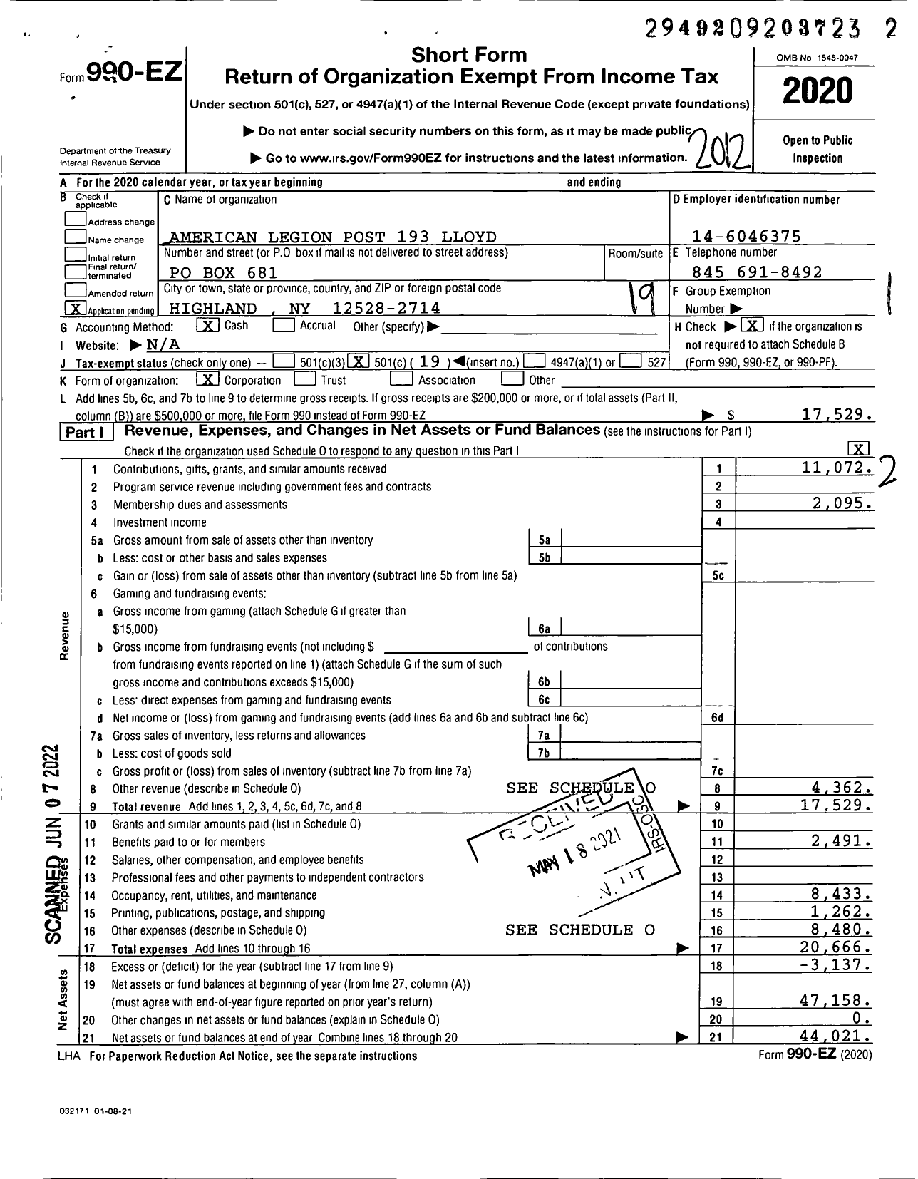 Image of first page of 2020 Form 990EO for American Legion Post 193 Lloyd