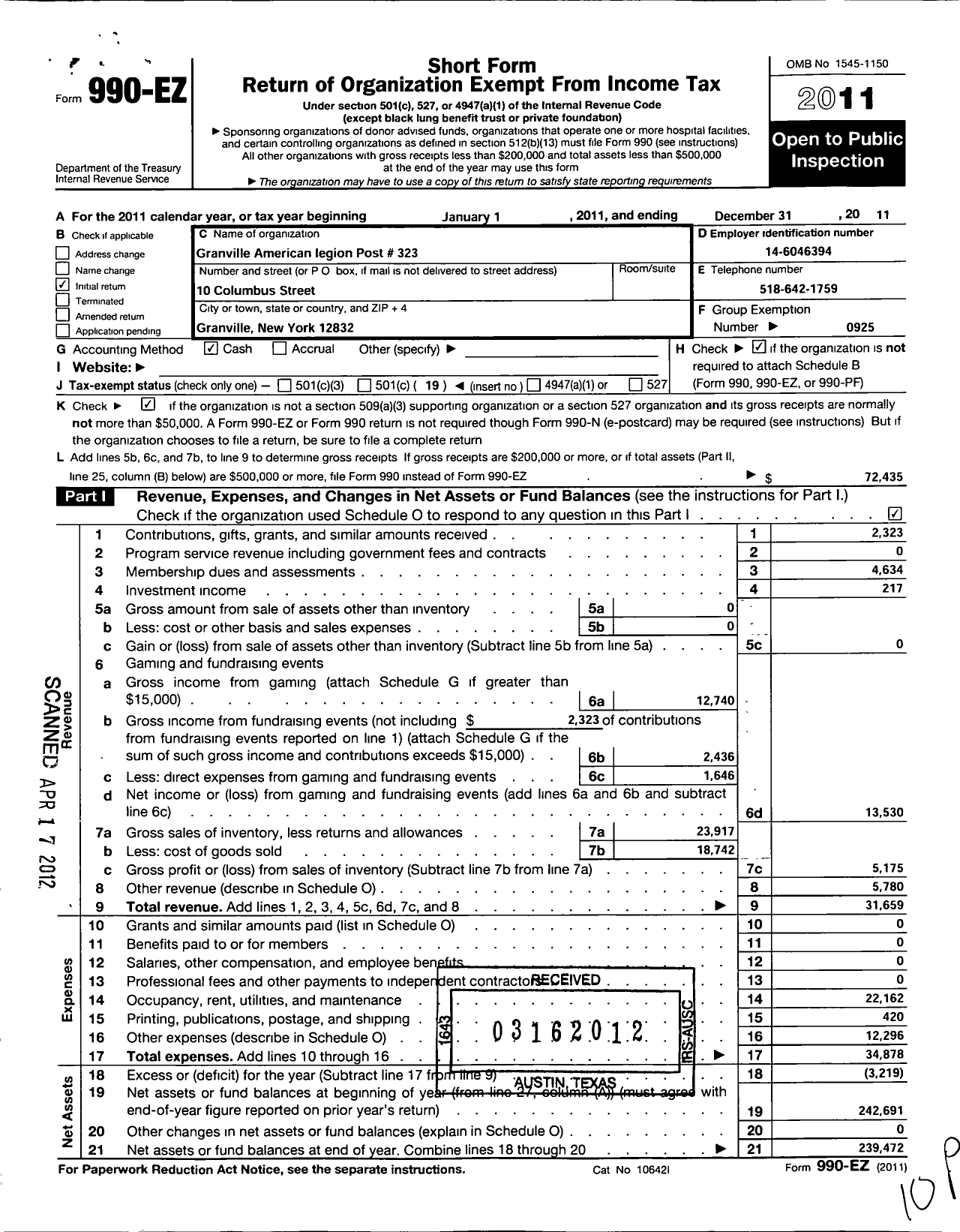 Image of first page of 2011 Form 990EO for American Legion - 0323 Granville Post