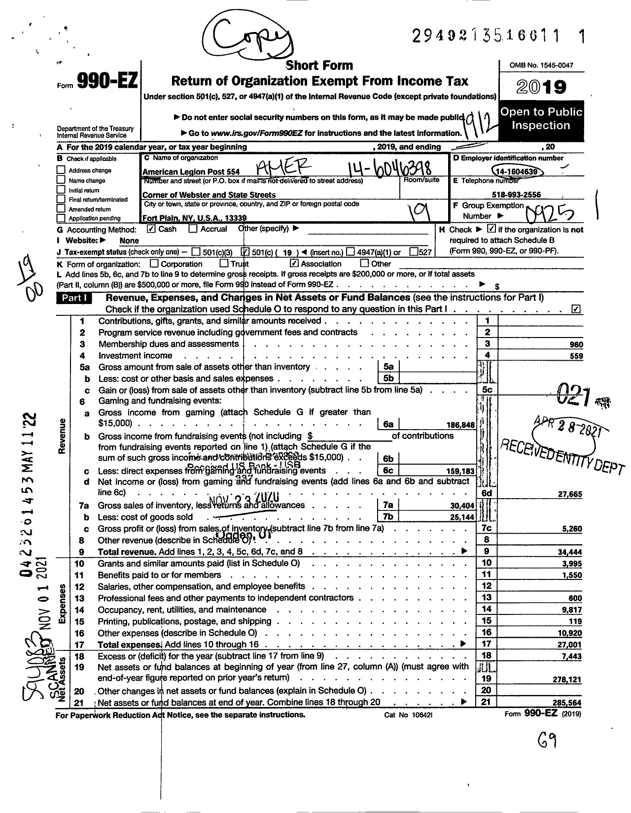 Image of first page of 2019 Form 990EO for American Legion - 0554 Fort Plain