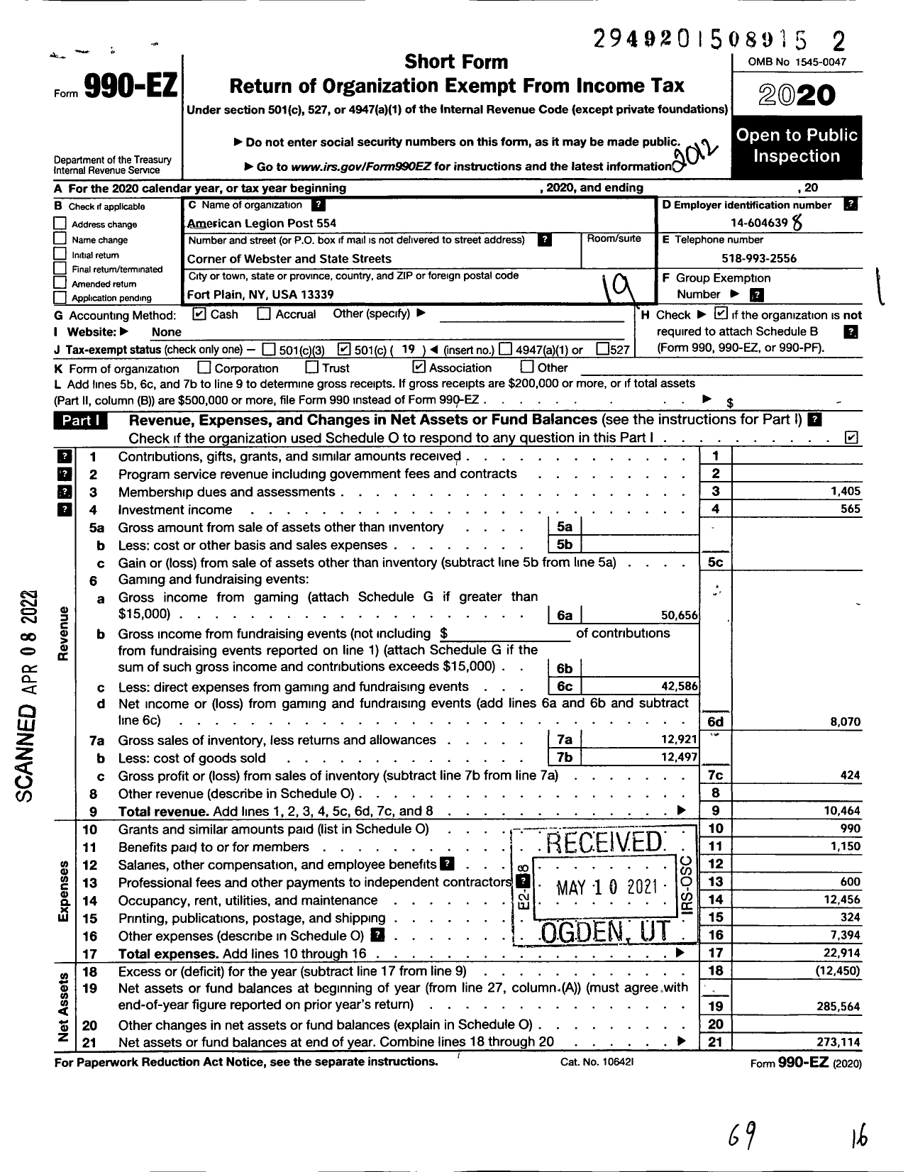 Image of first page of 2020 Form 990EO for American Legion - 0554 Fort Plain