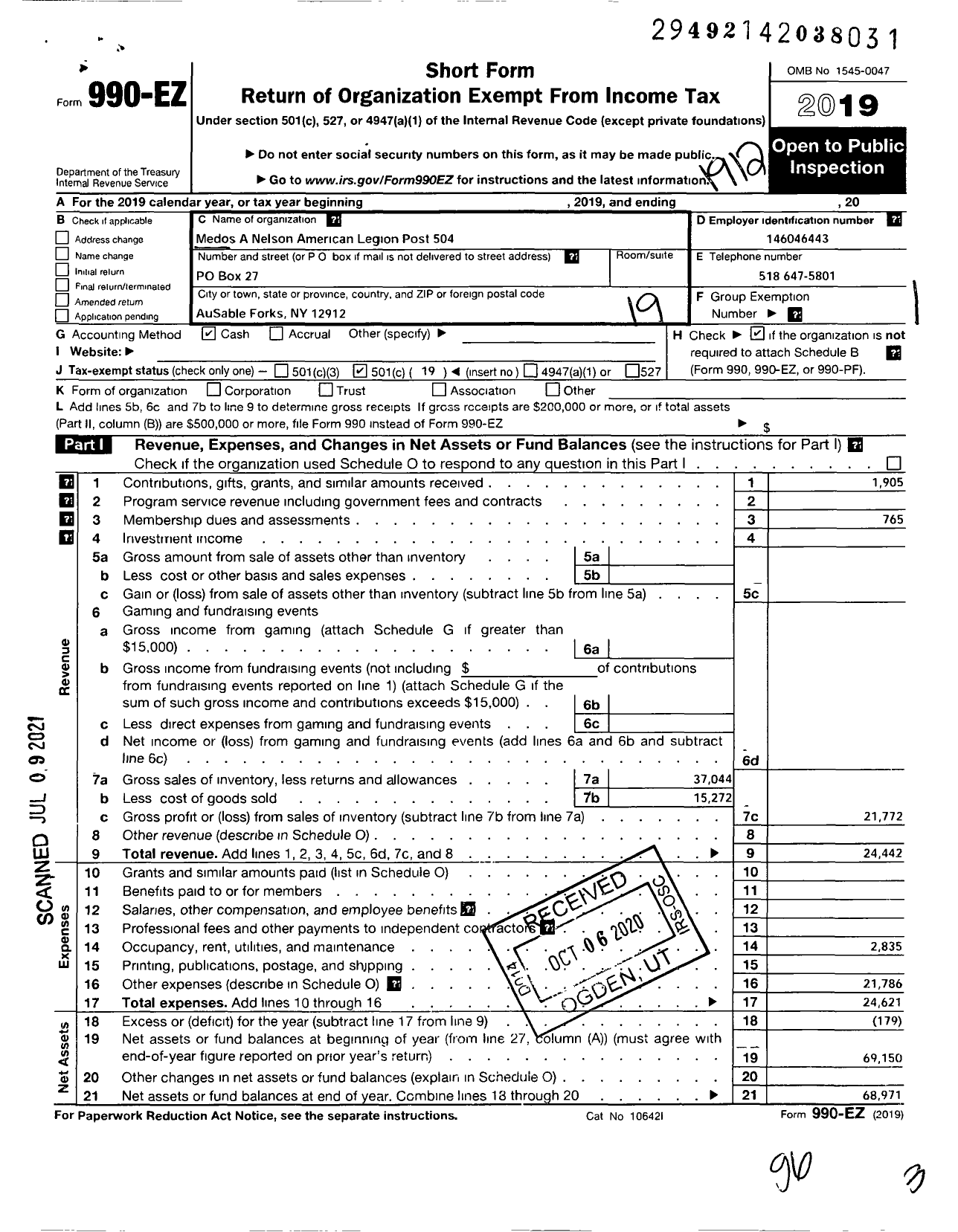 Image of first page of 2019 Form 990EO for American Legion - 0504 Medos A Nelson