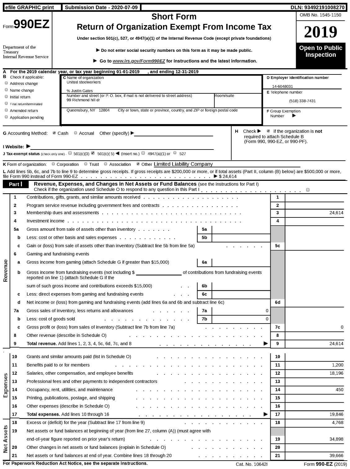 Image of first page of 2019 Form 990EZ for United steelworkers - 4-00155 Local