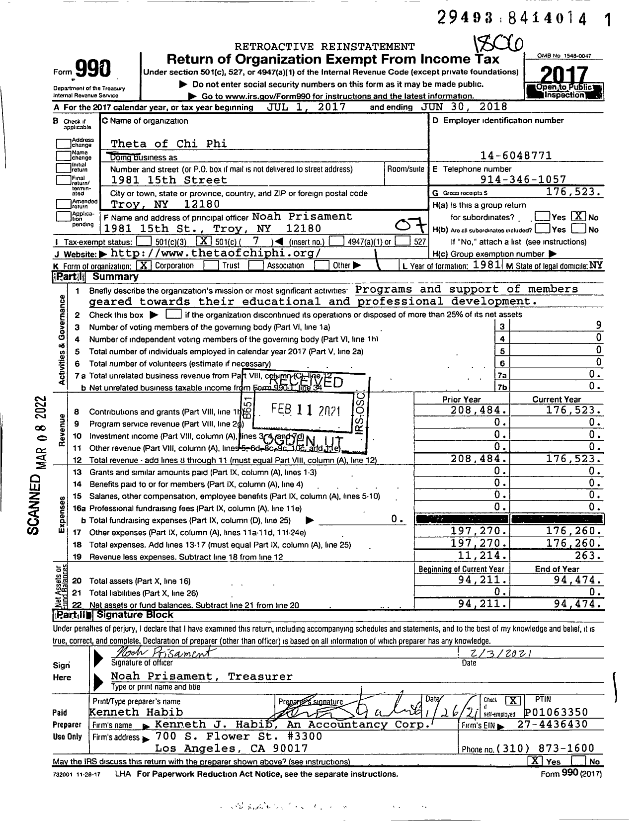 Image of first page of 2017 Form 990O for Theta of Chi Phi