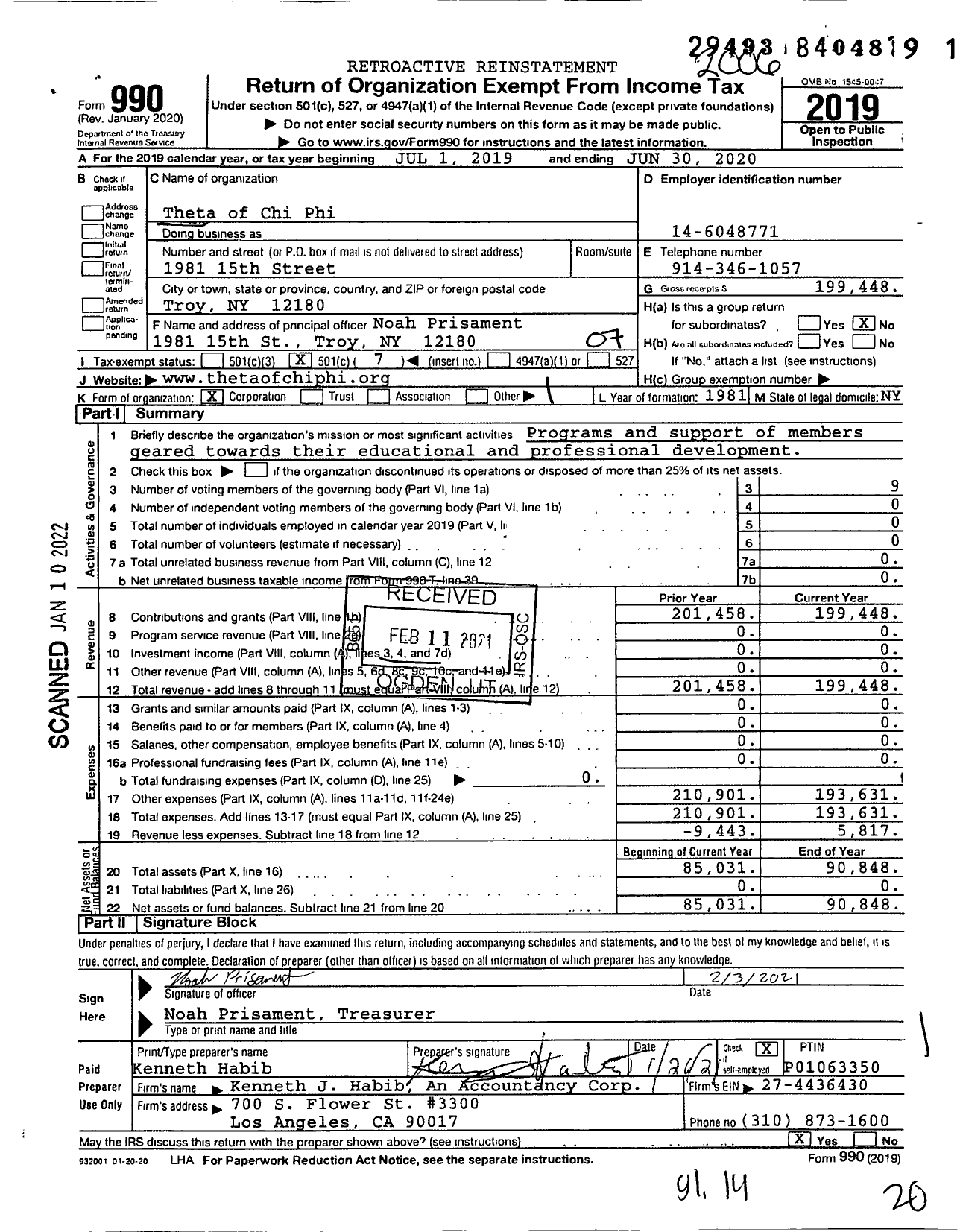 Image of first page of 2019 Form 990O for Theta of Chi Phi