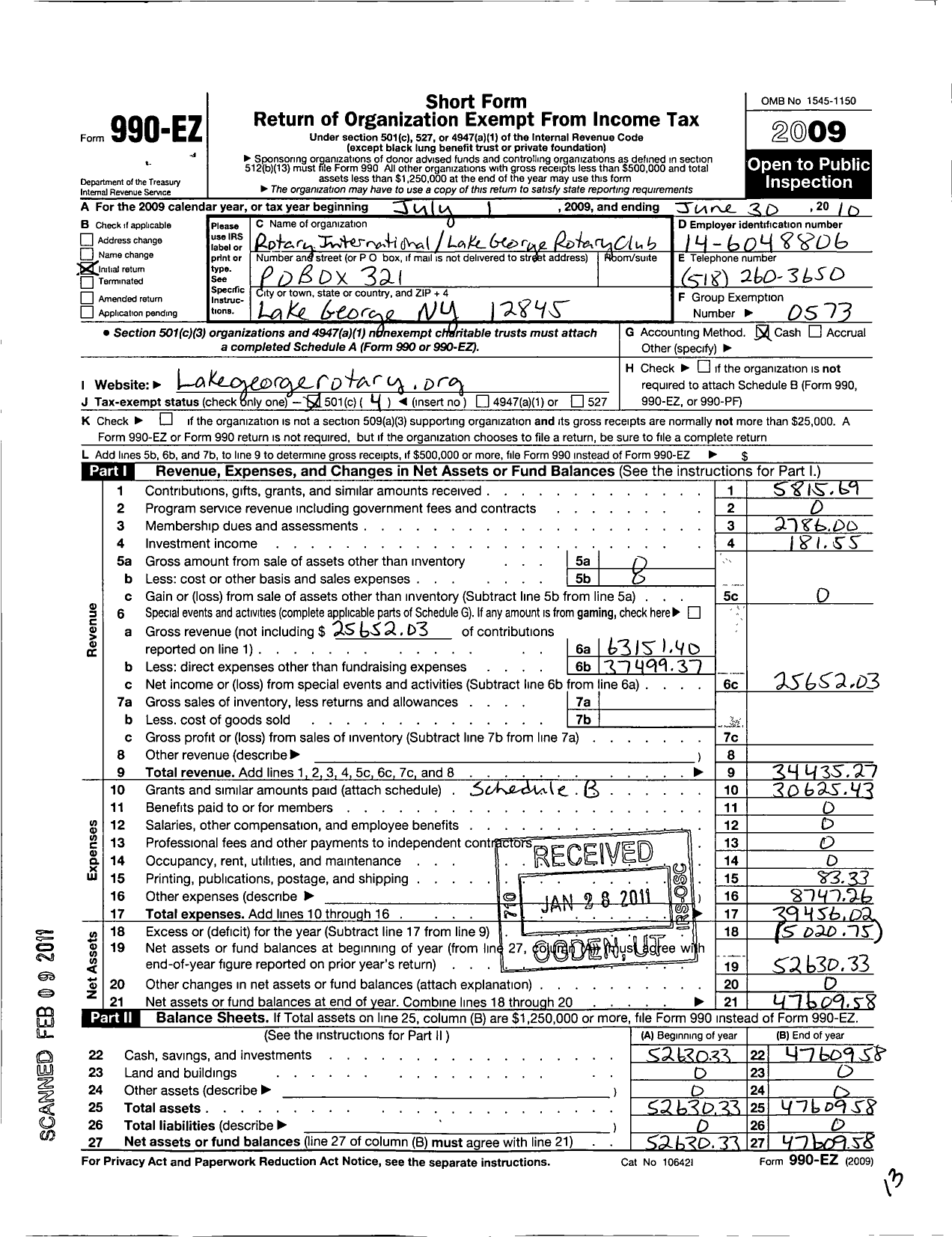 Image of first page of 2009 Form 990EO for Rotary International - Lake George Rotary Club