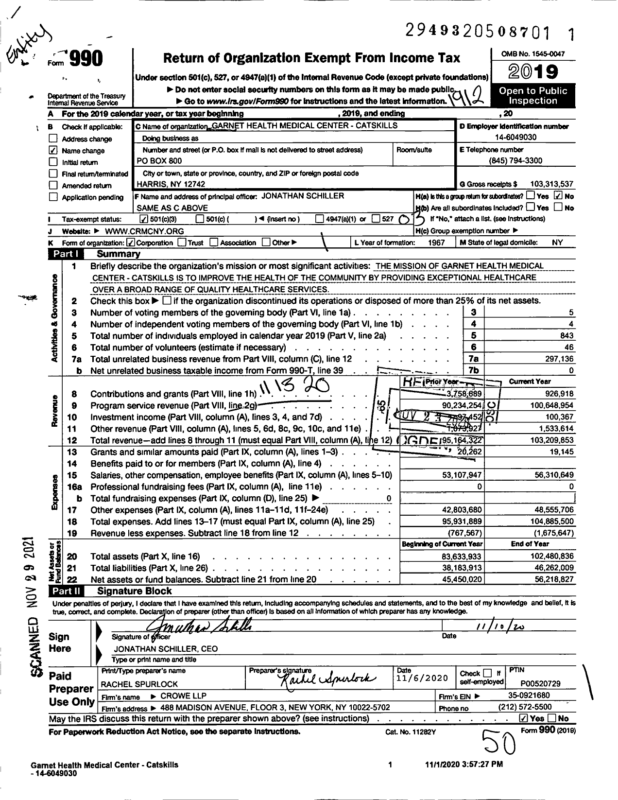 Image of first page of 2019 Form 990 for Garnet Health Medical Center - Catskills (CRMC)